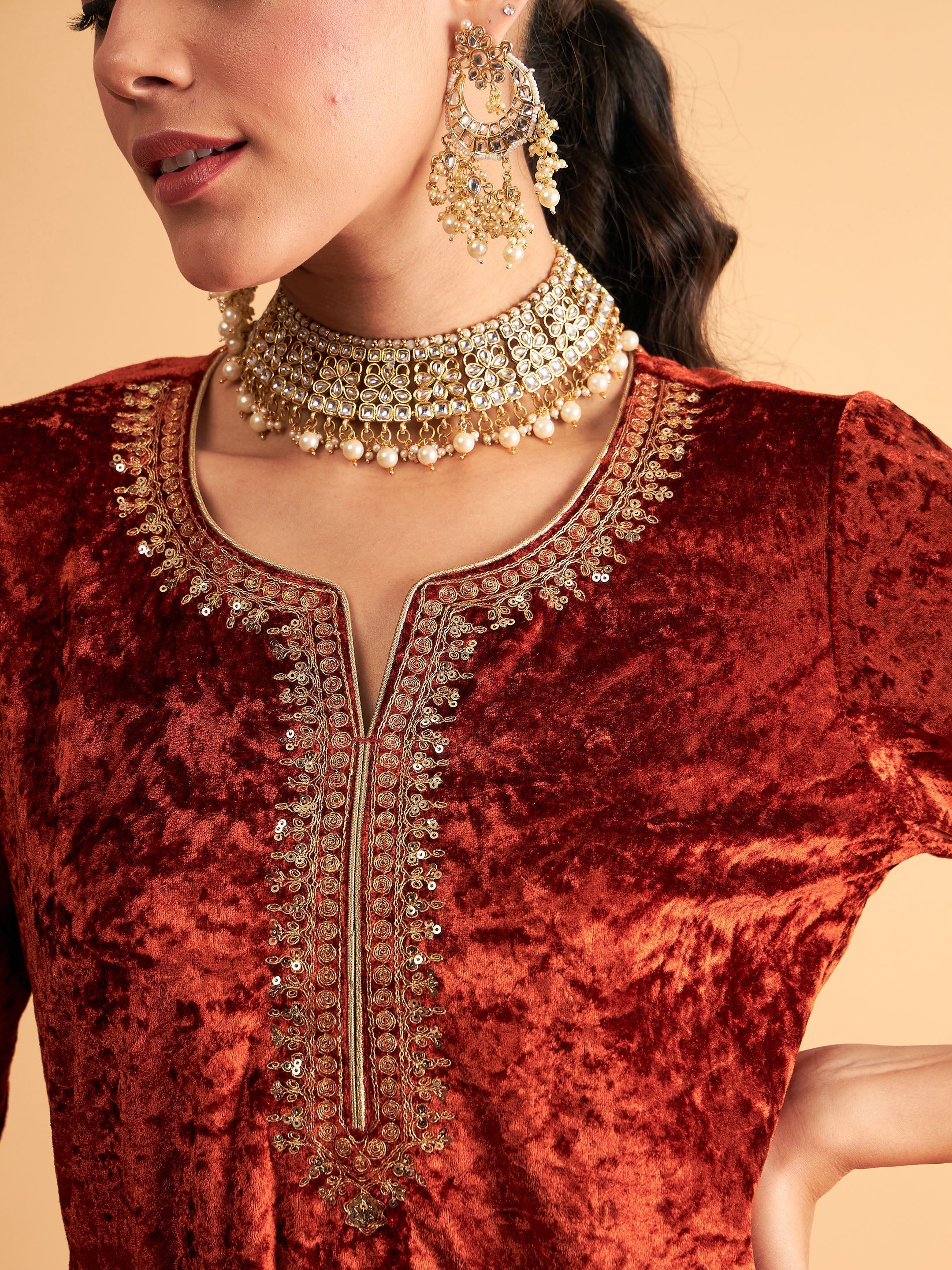 Women's Rust Velvet Sequence Embroidered Short Kurta