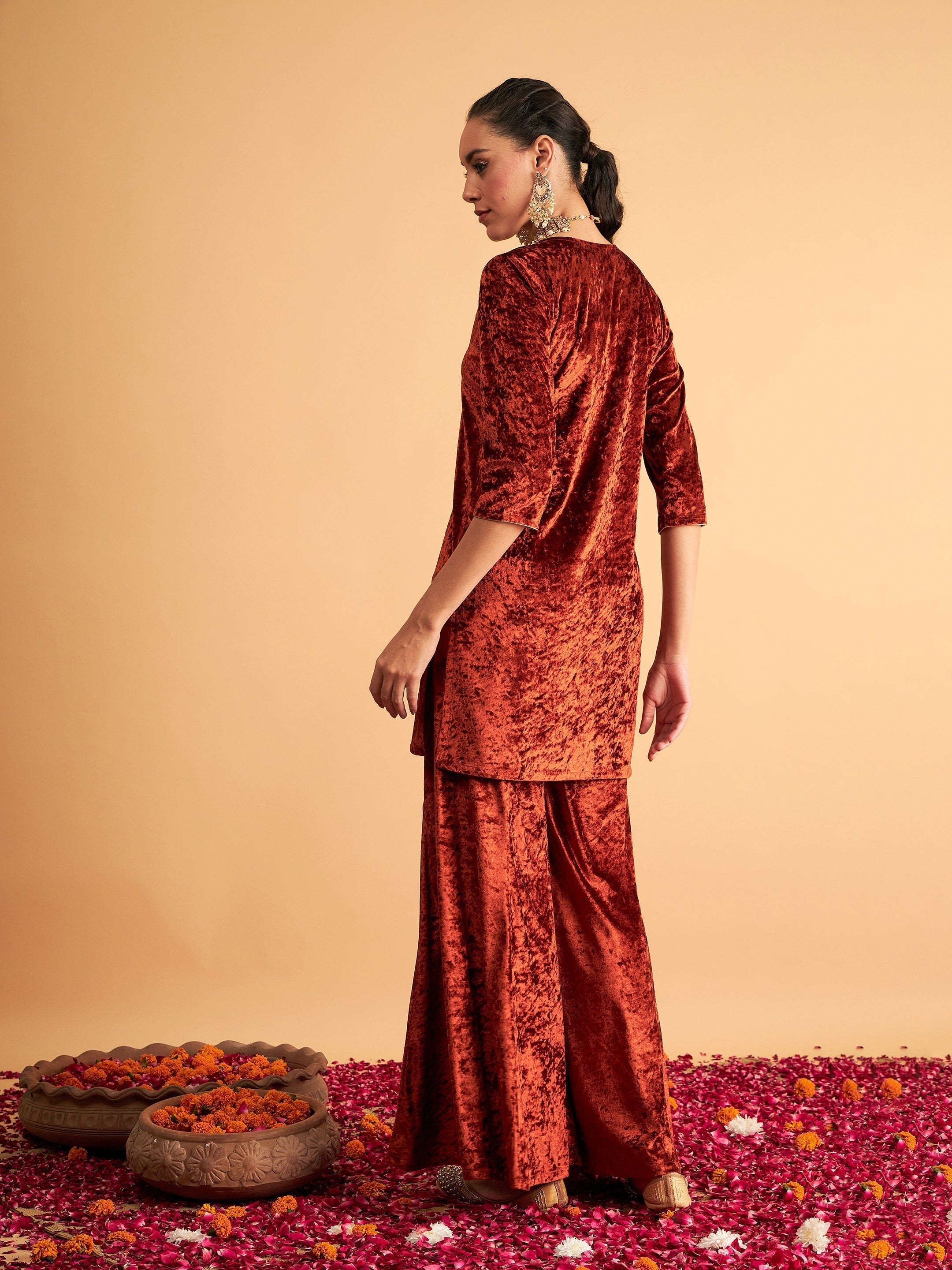 Women's Rust Velvet Sequence Embroidered Short Kurta