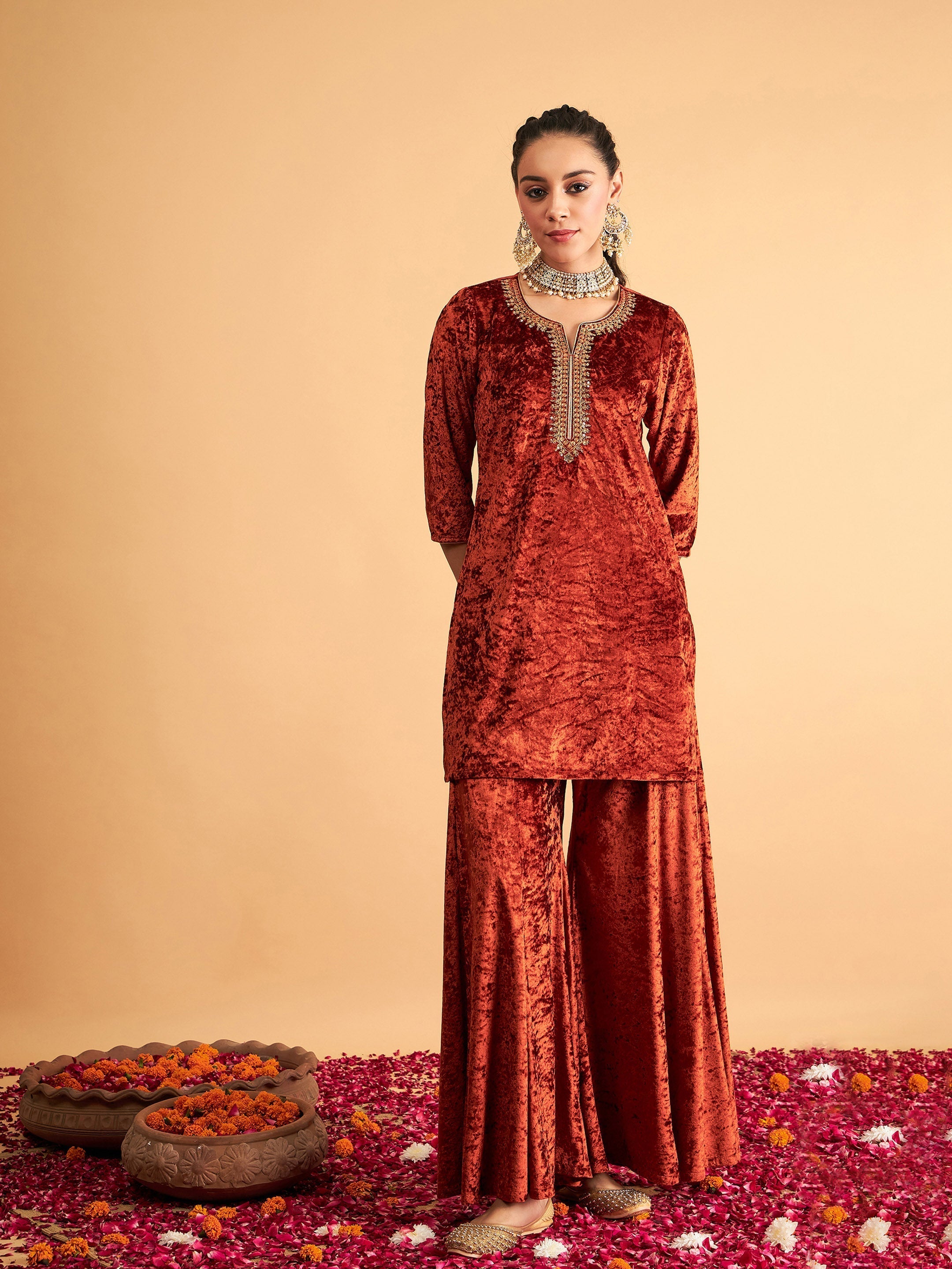 Women's Rust Velvet Sequence Embroidered Short Kurta