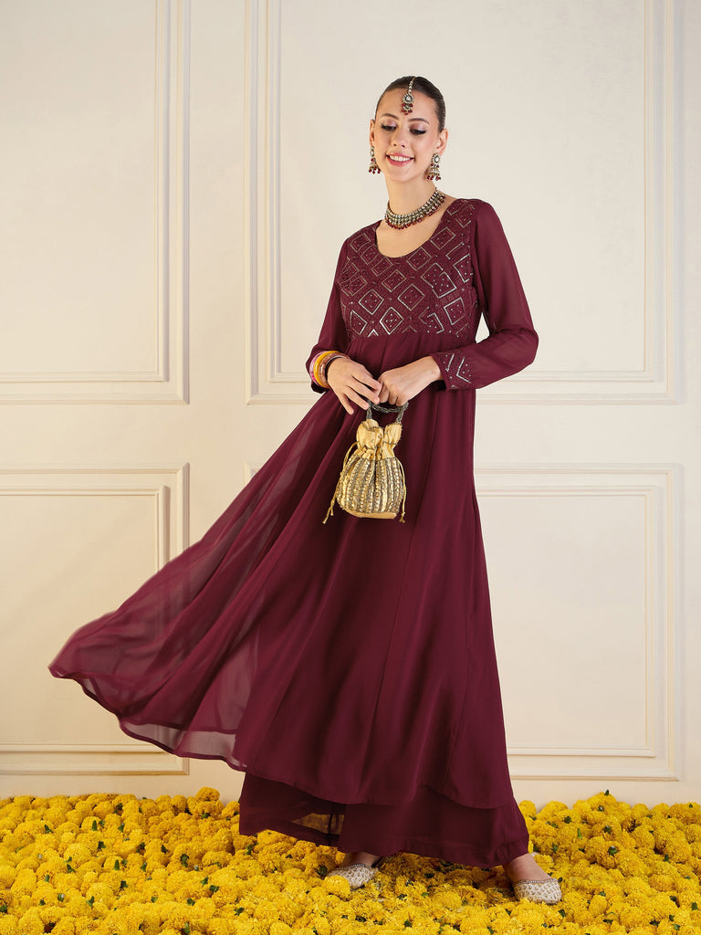 Women's Maroon Embroidered Kurta