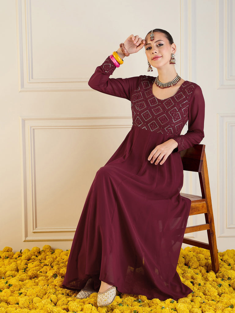 Women's Maroon Embroidered Kurta