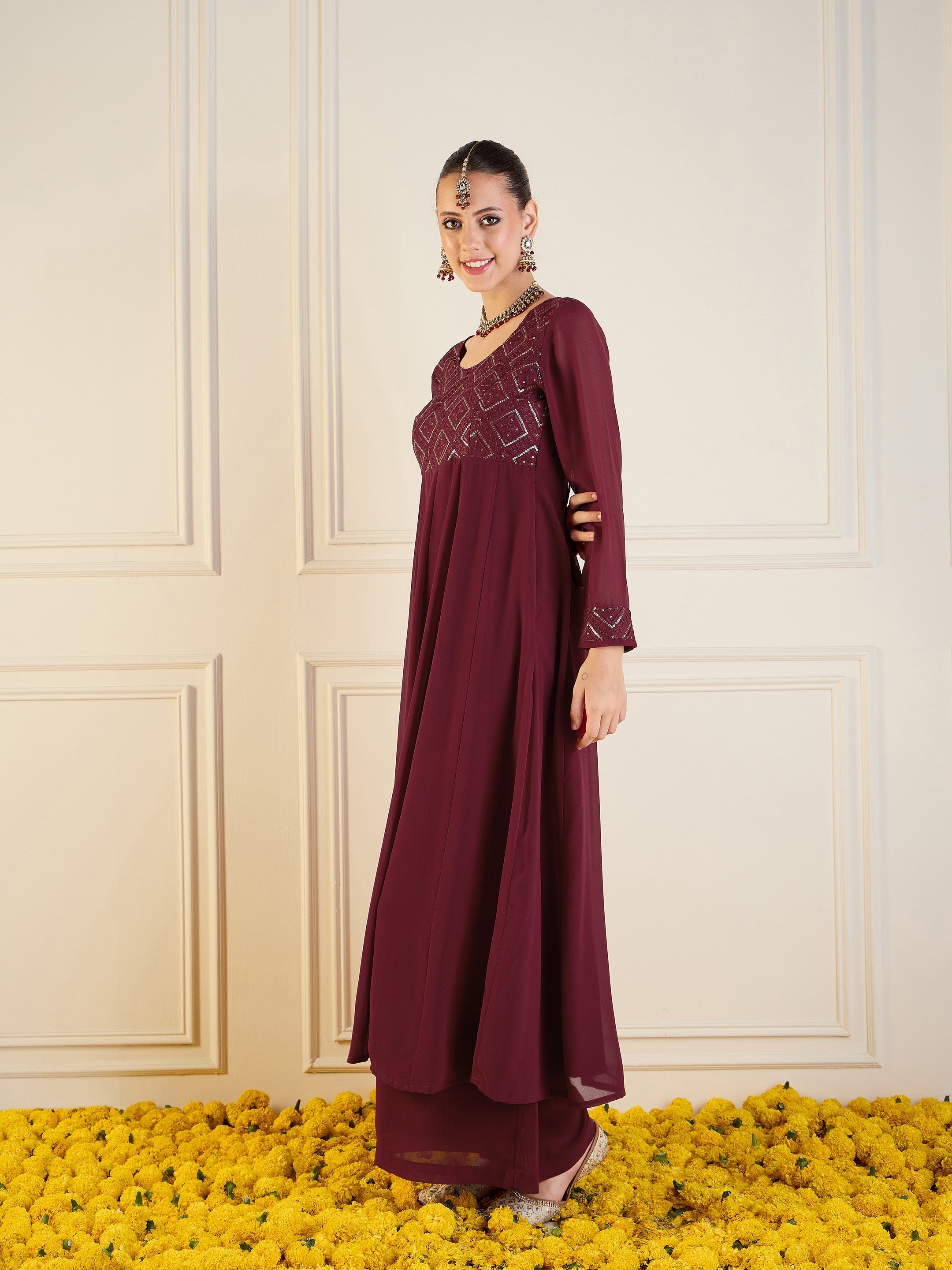 Women's Maroon Embroidered Kurta - Sassafras