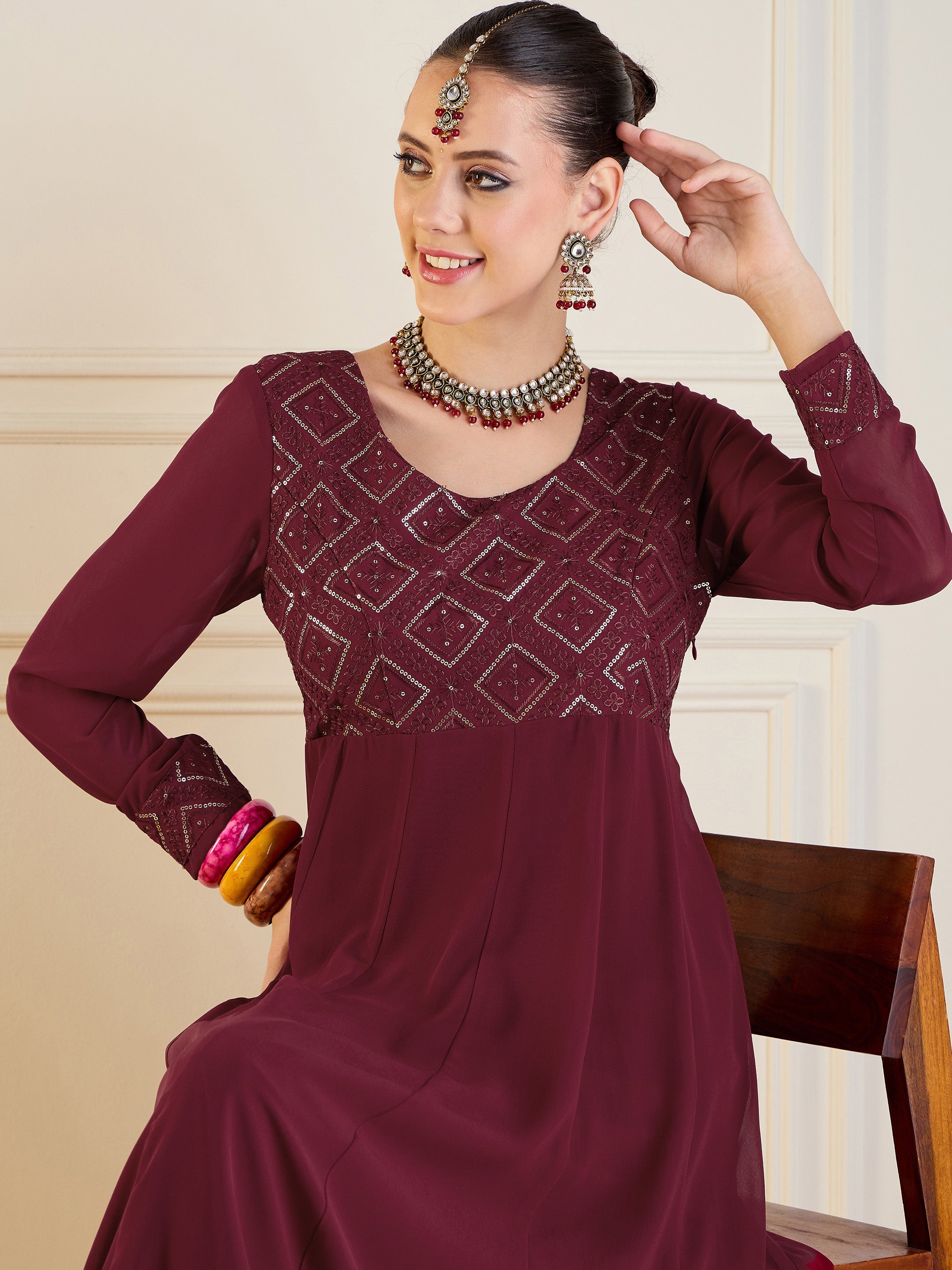 Women's Maroon Embroidered Kurta - Sassafras