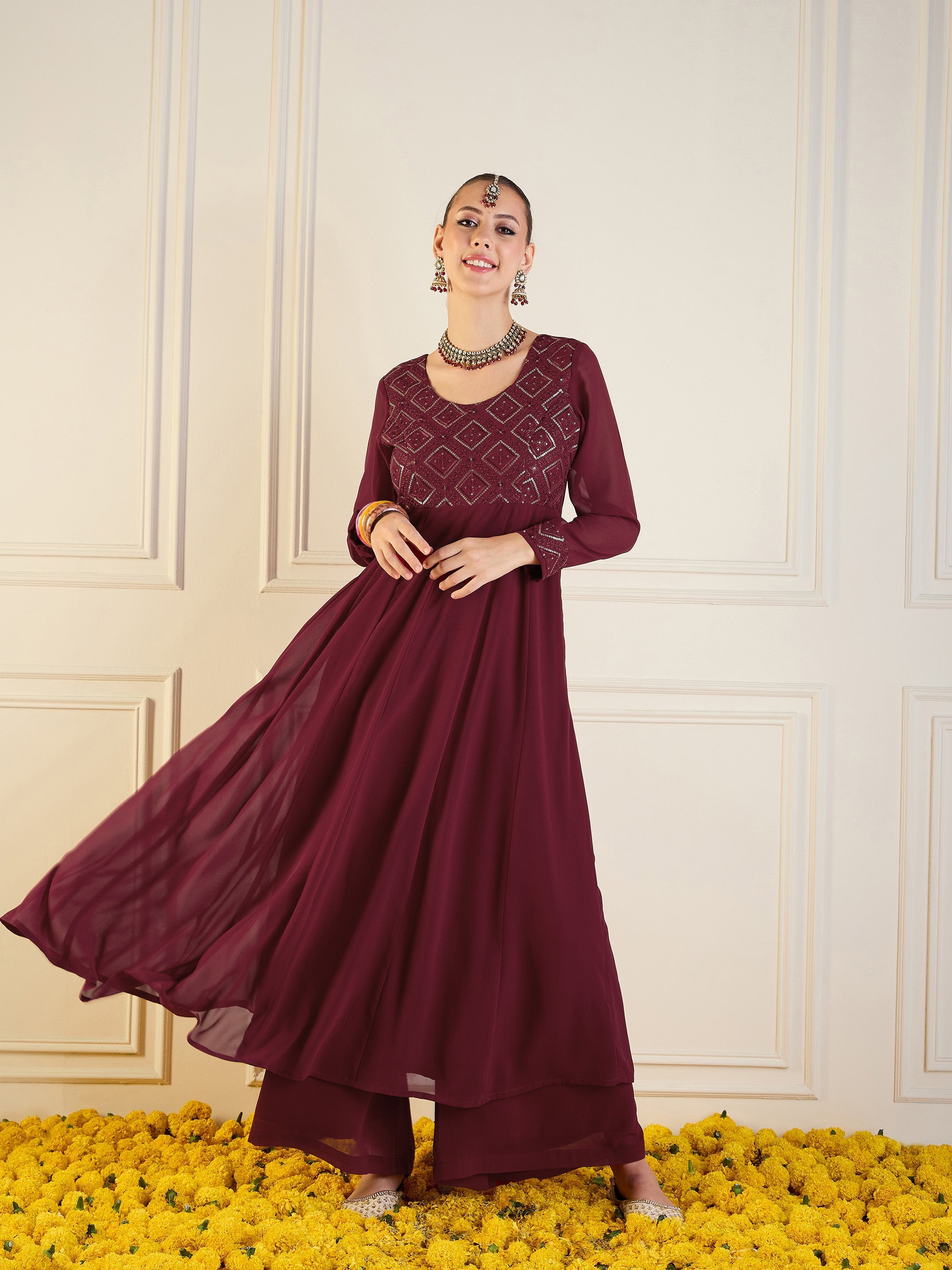 Women's Maroon Embroidered Kurta - Sassafras