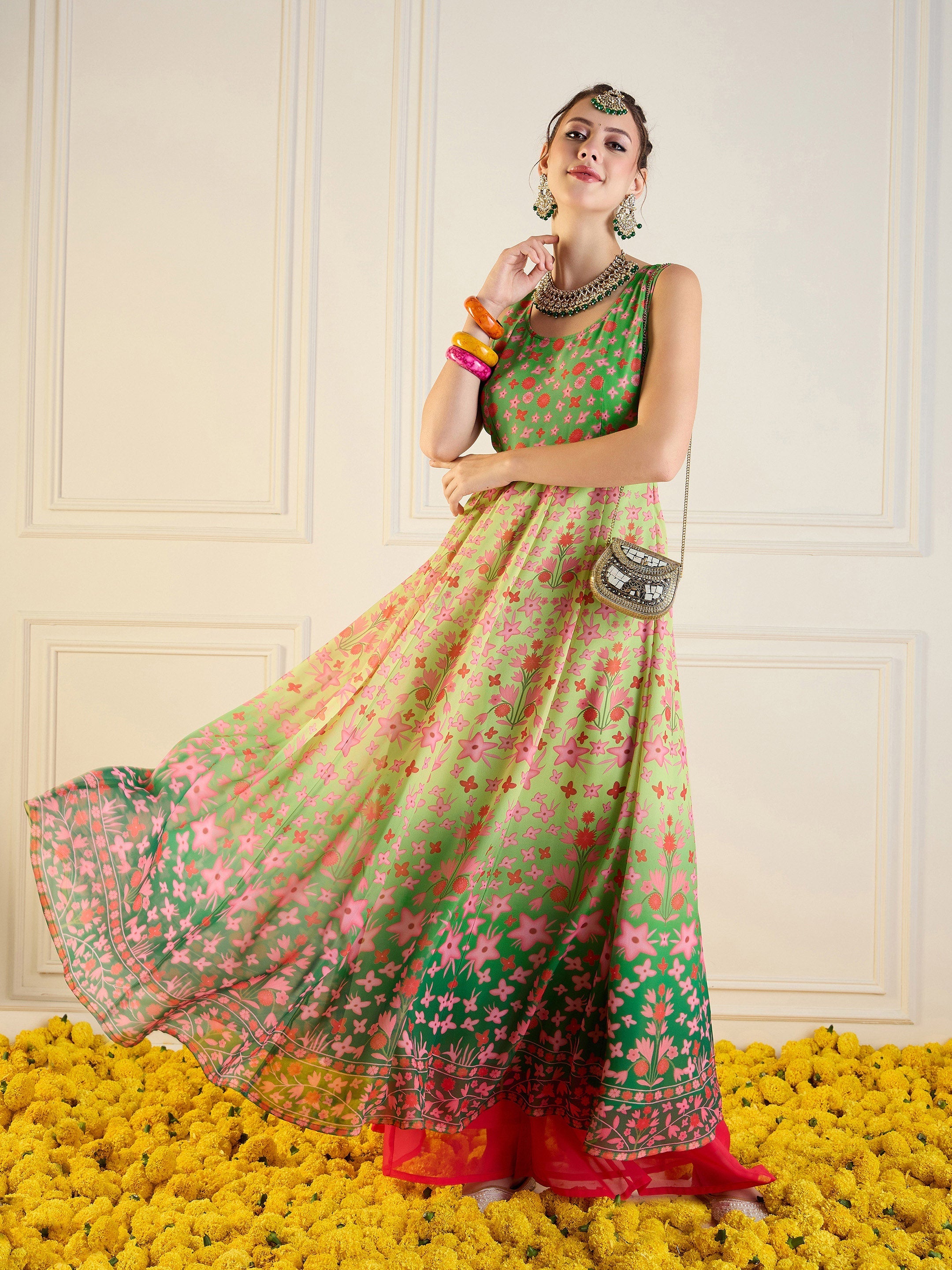 Women's Green Floral Kurta - Sassafras