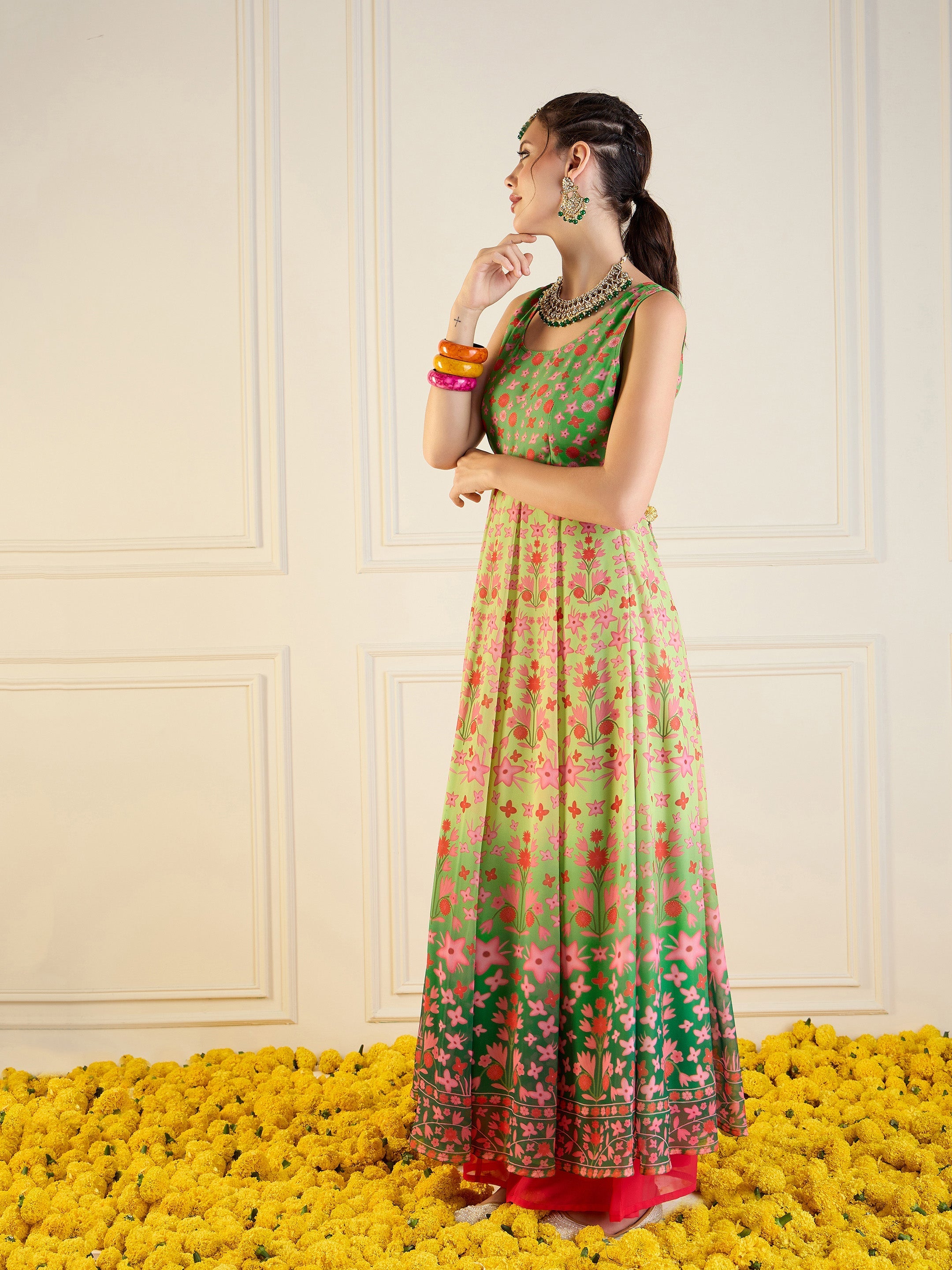 Women's Green Floral Kurta - Sassafras