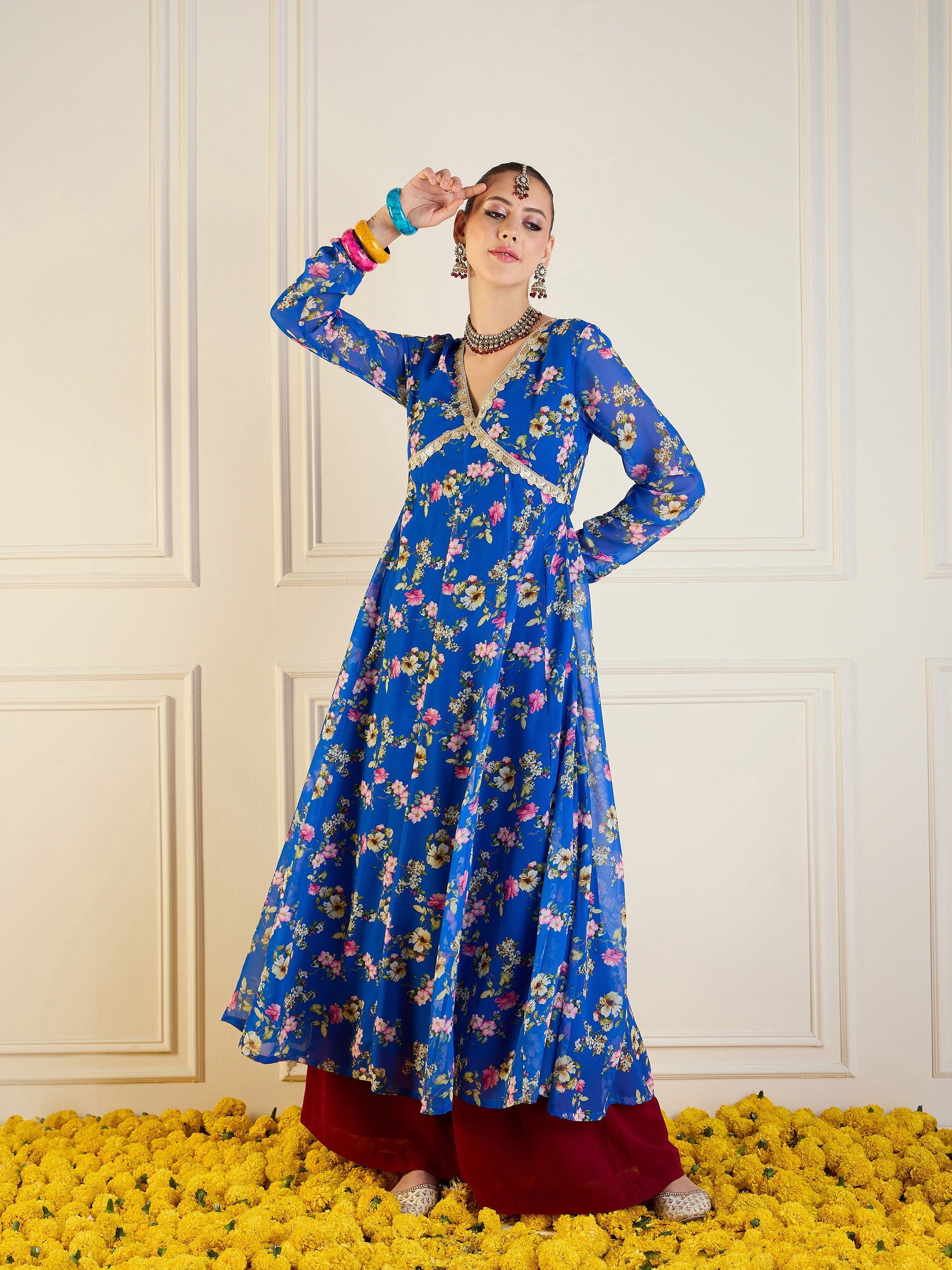 Women's Blue Floral Kurta - Sassafras