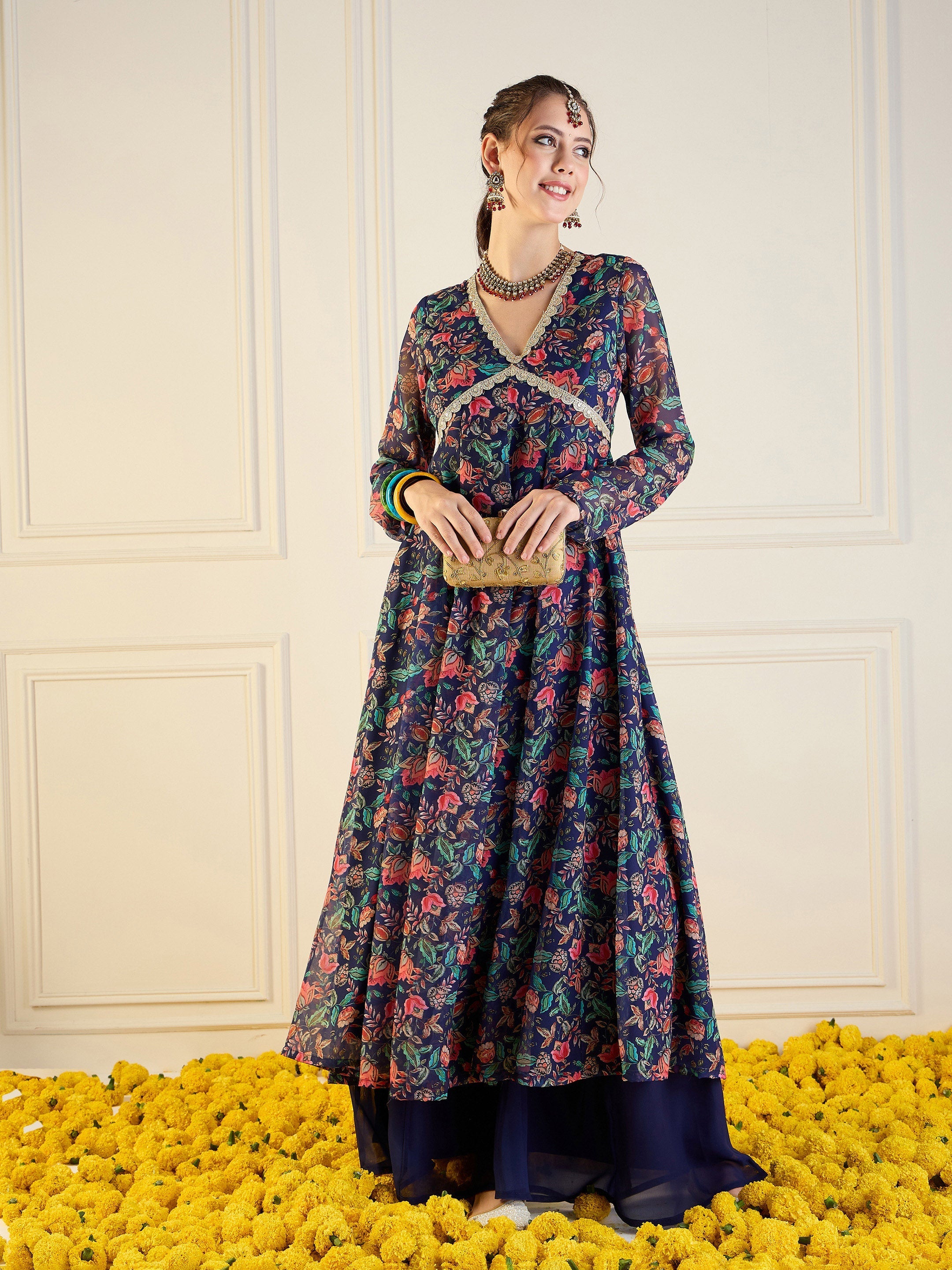 Women's Dark Blue Floral Kurta - Sassafras