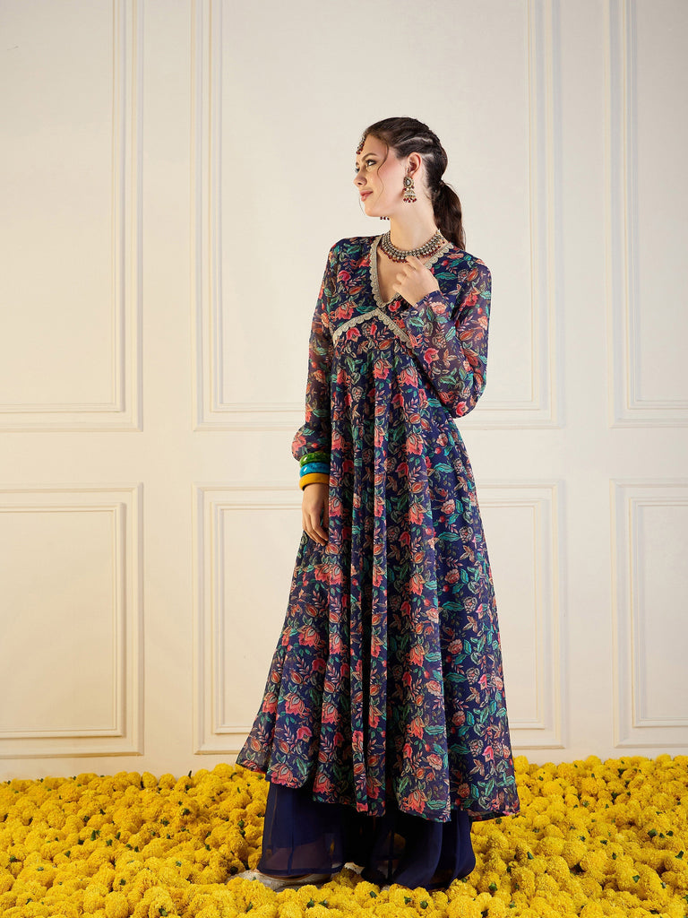Women's Dark Blue Floral Kurta