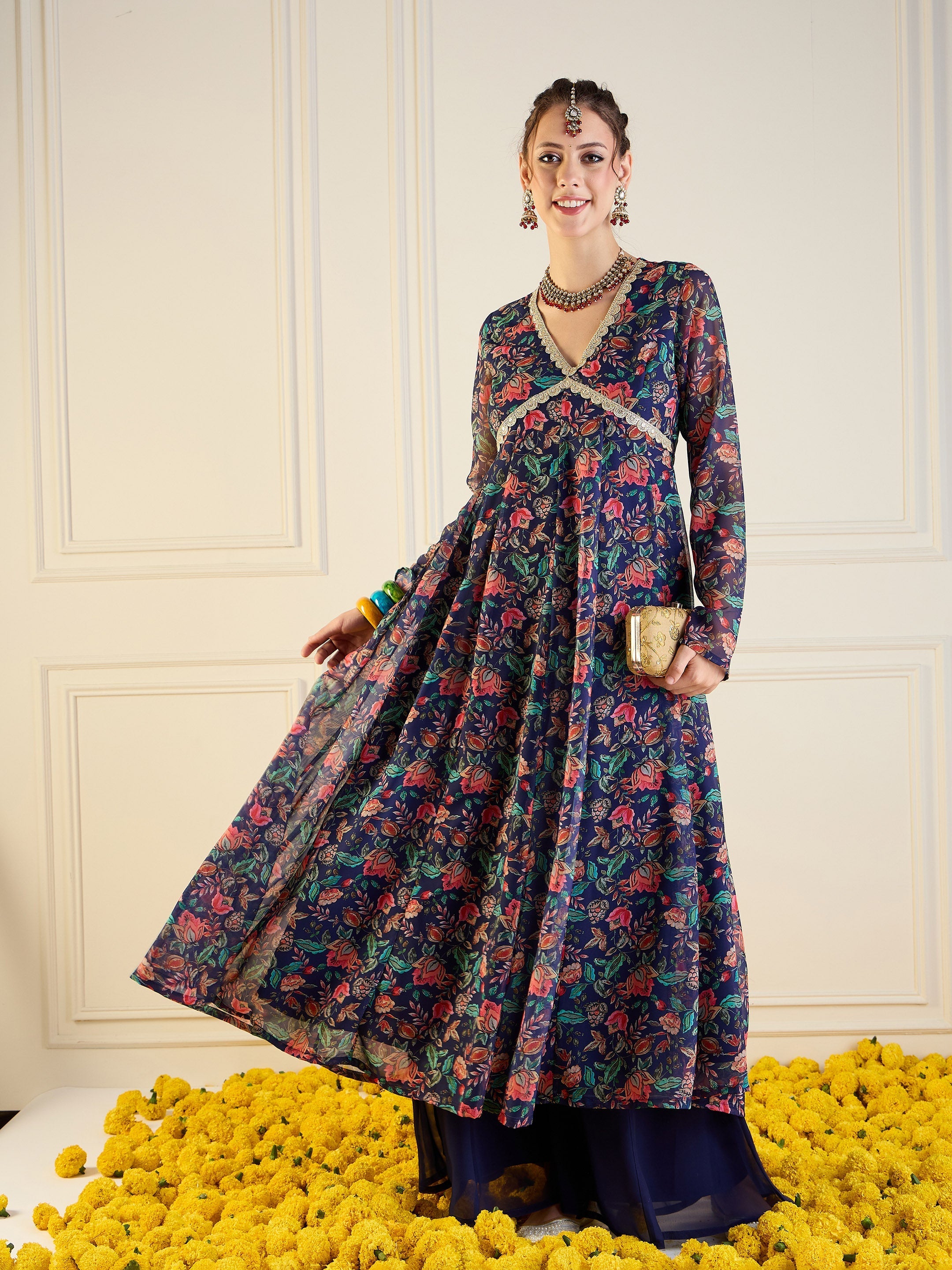 Women's Dark Blue Floral Kurta - Sassafras