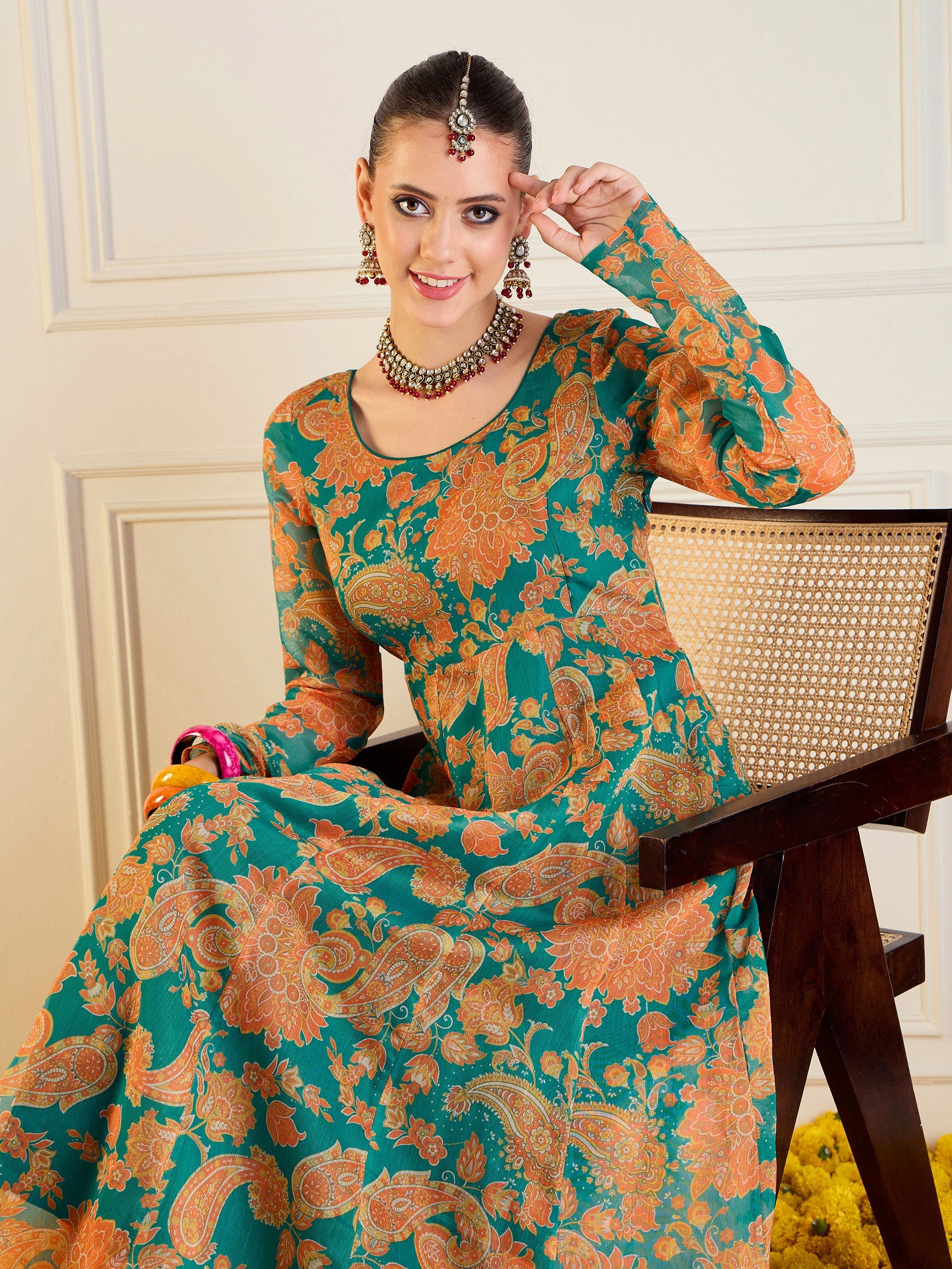 Women's Green Floral Kurta - Sassafras