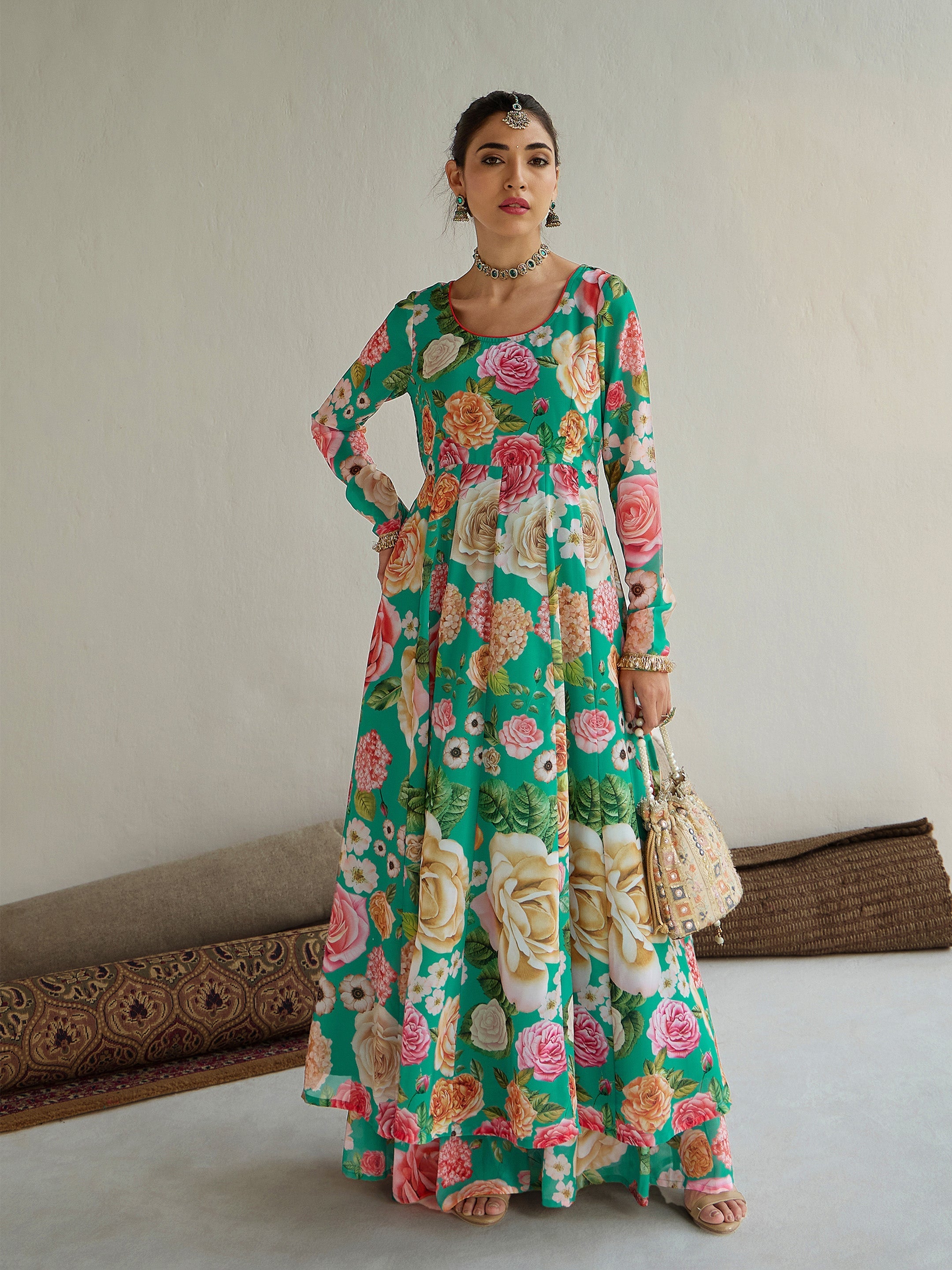 Women's Green Floral Kurta - Sassafras