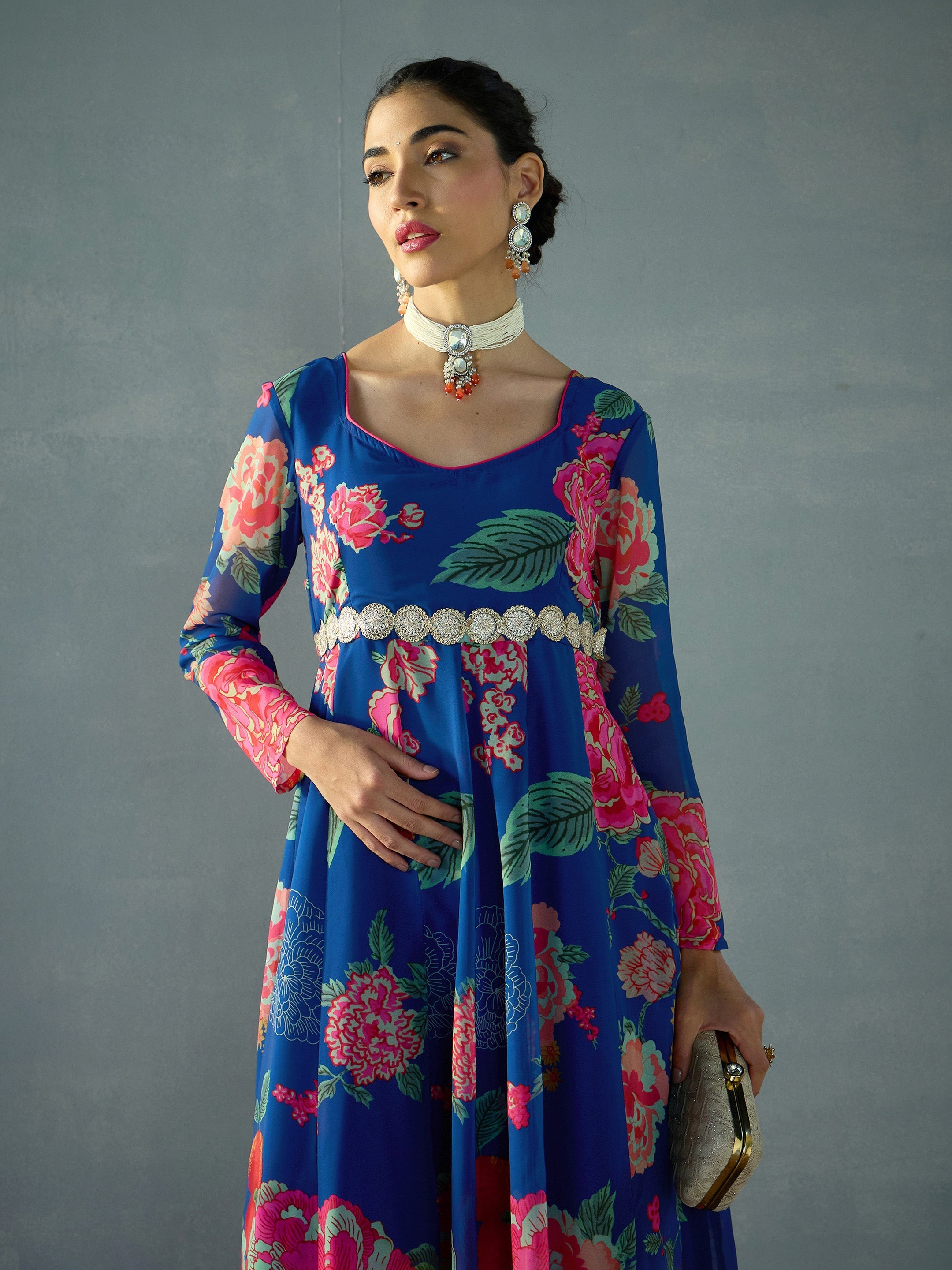 Women's Navy Blue Floral Kurta - Sassafras