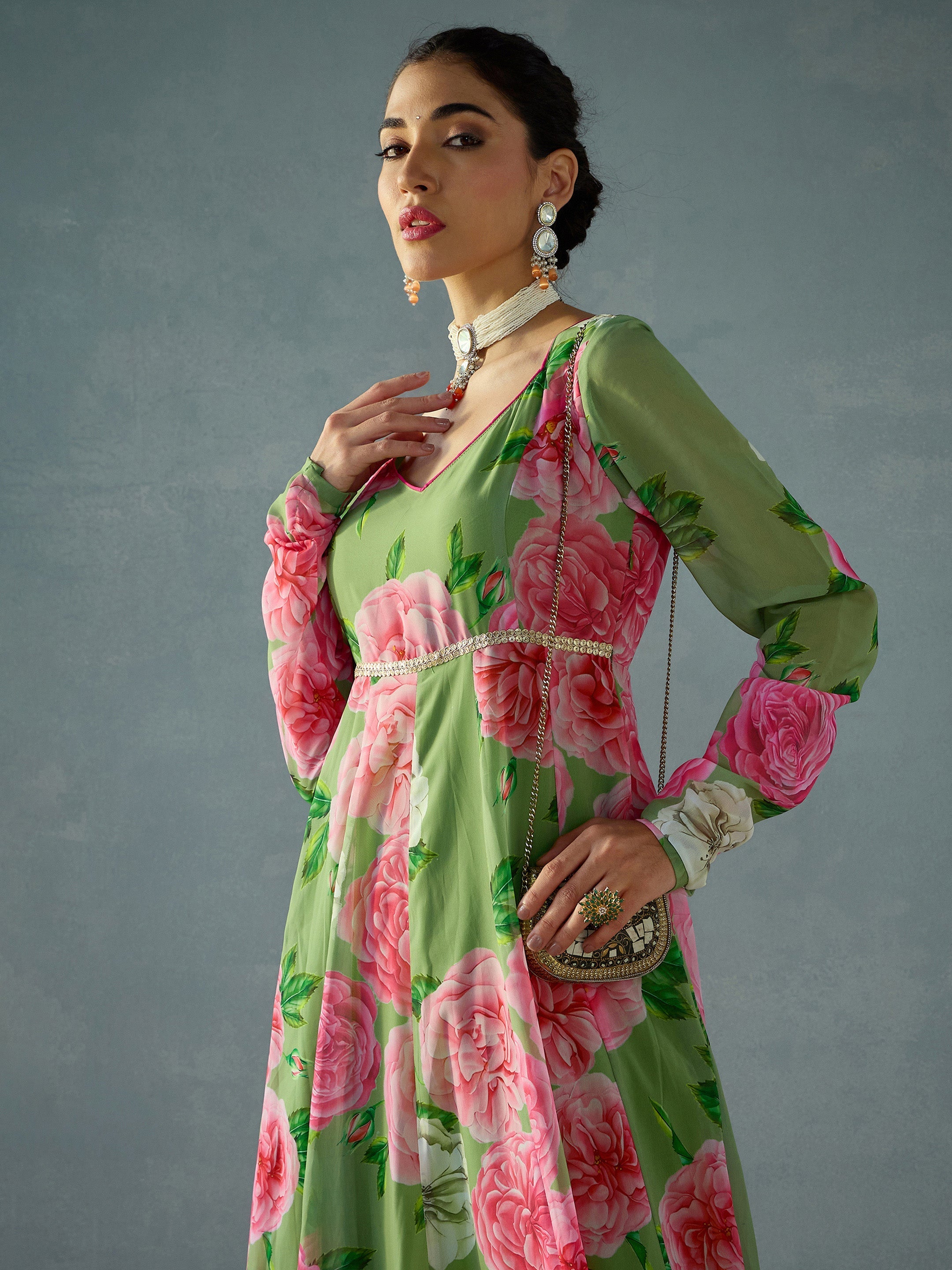 Women's Green Floral Kurta - Sassafras