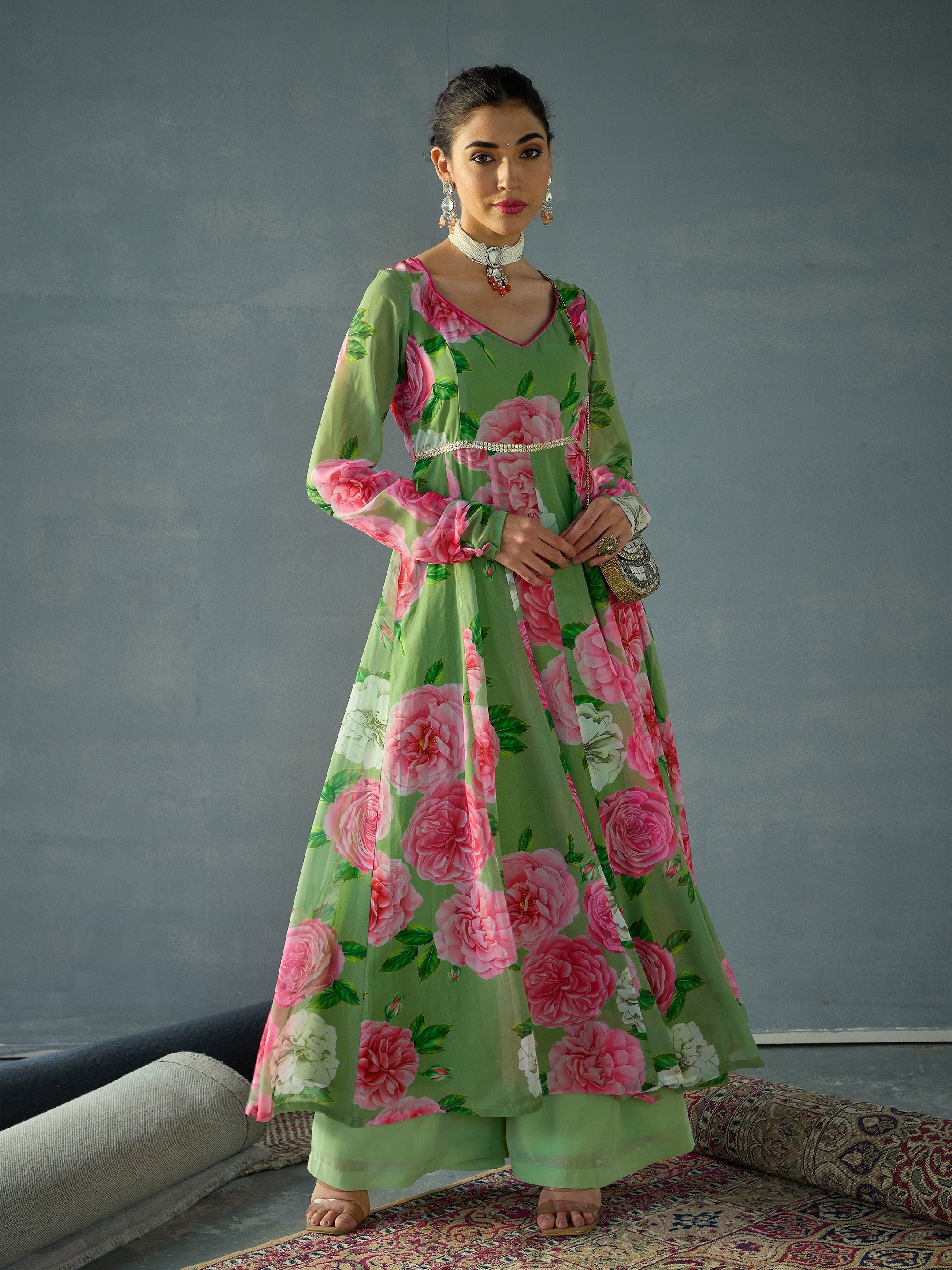 Women's Green Floral Kurta - Sassafras