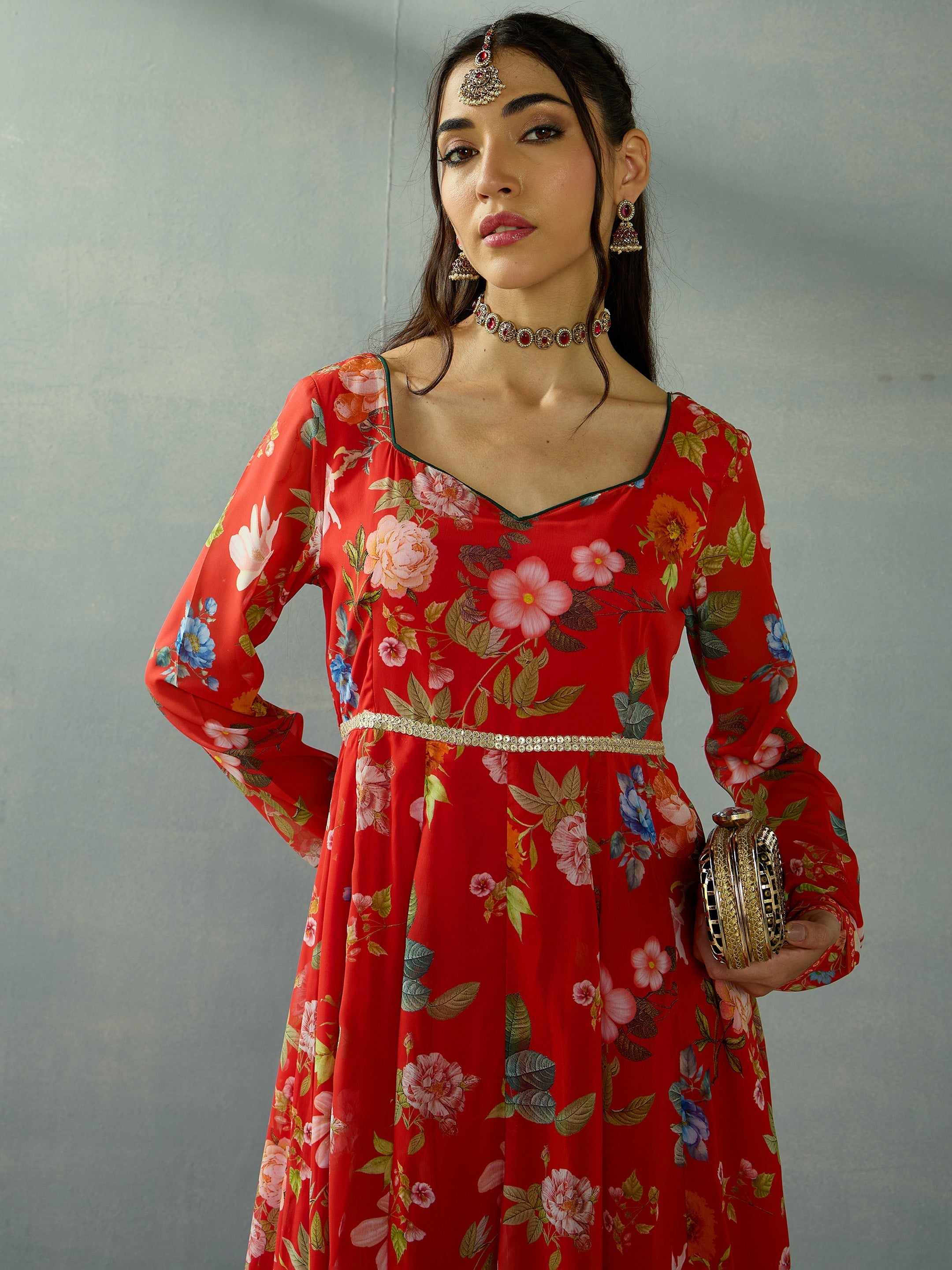 Women's Red Floral Kurta - Sassafras