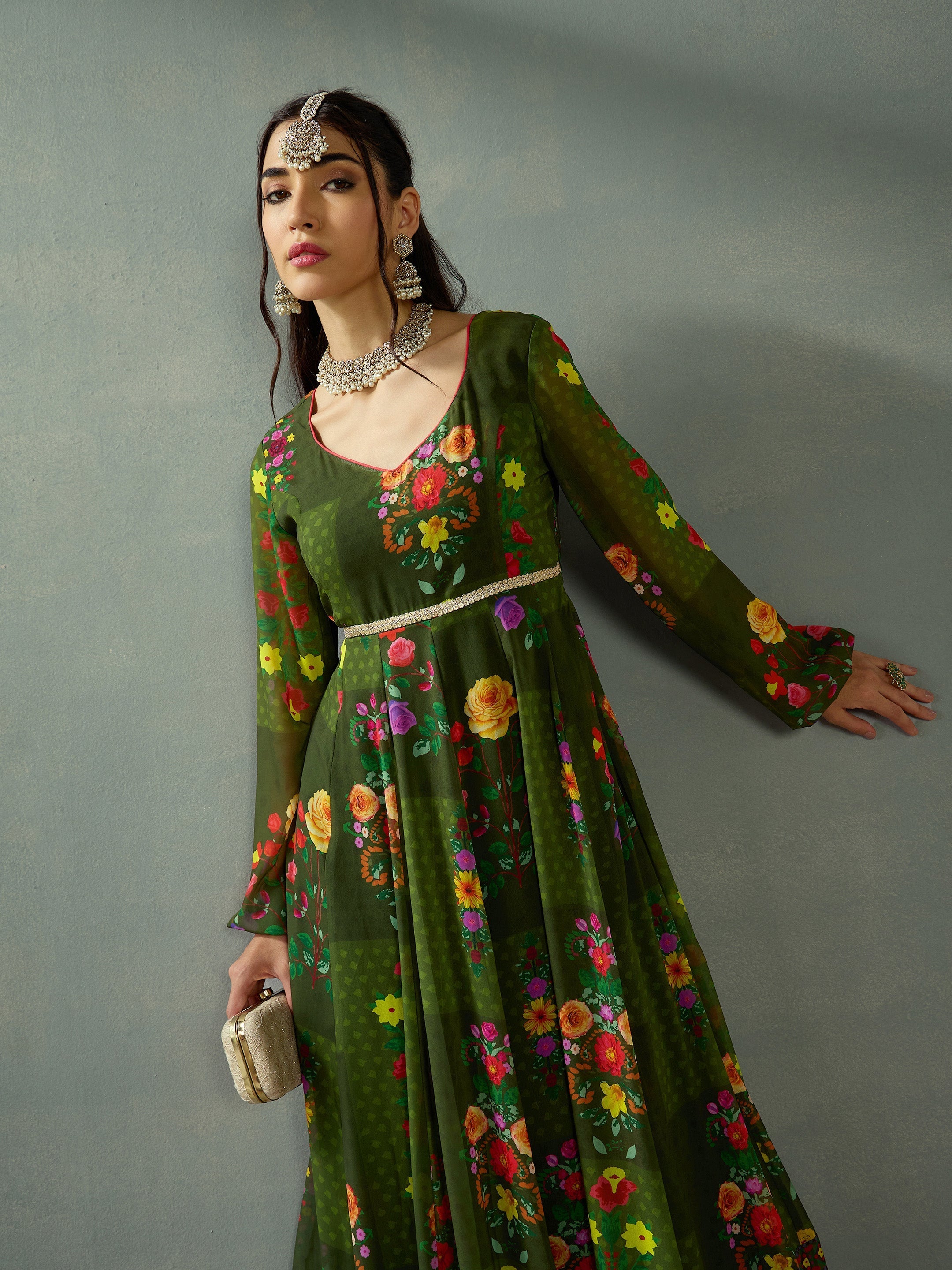 Women's Green Floral Kurta - Sassafras