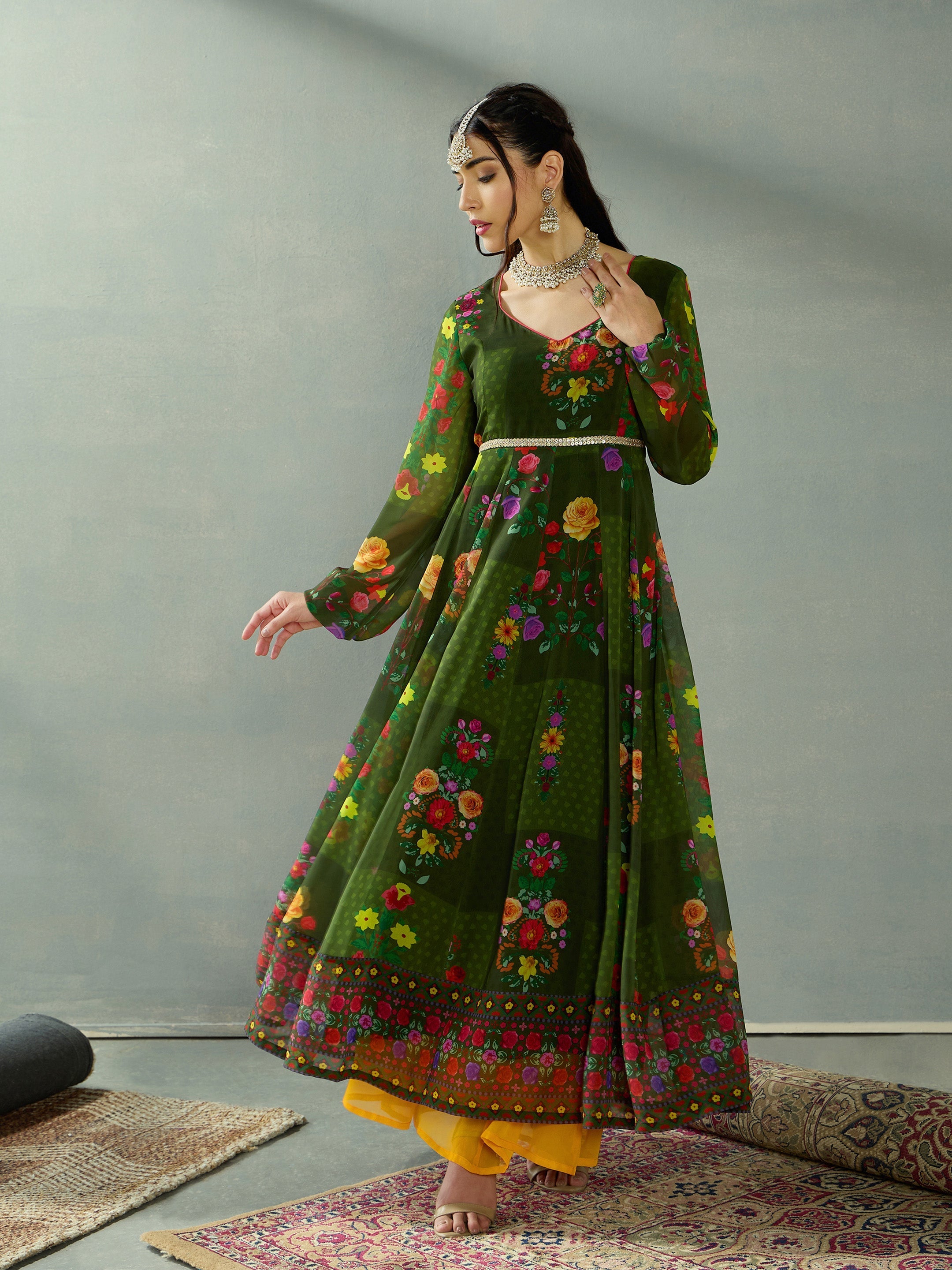 Women's Green Floral Kurta - Sassafras