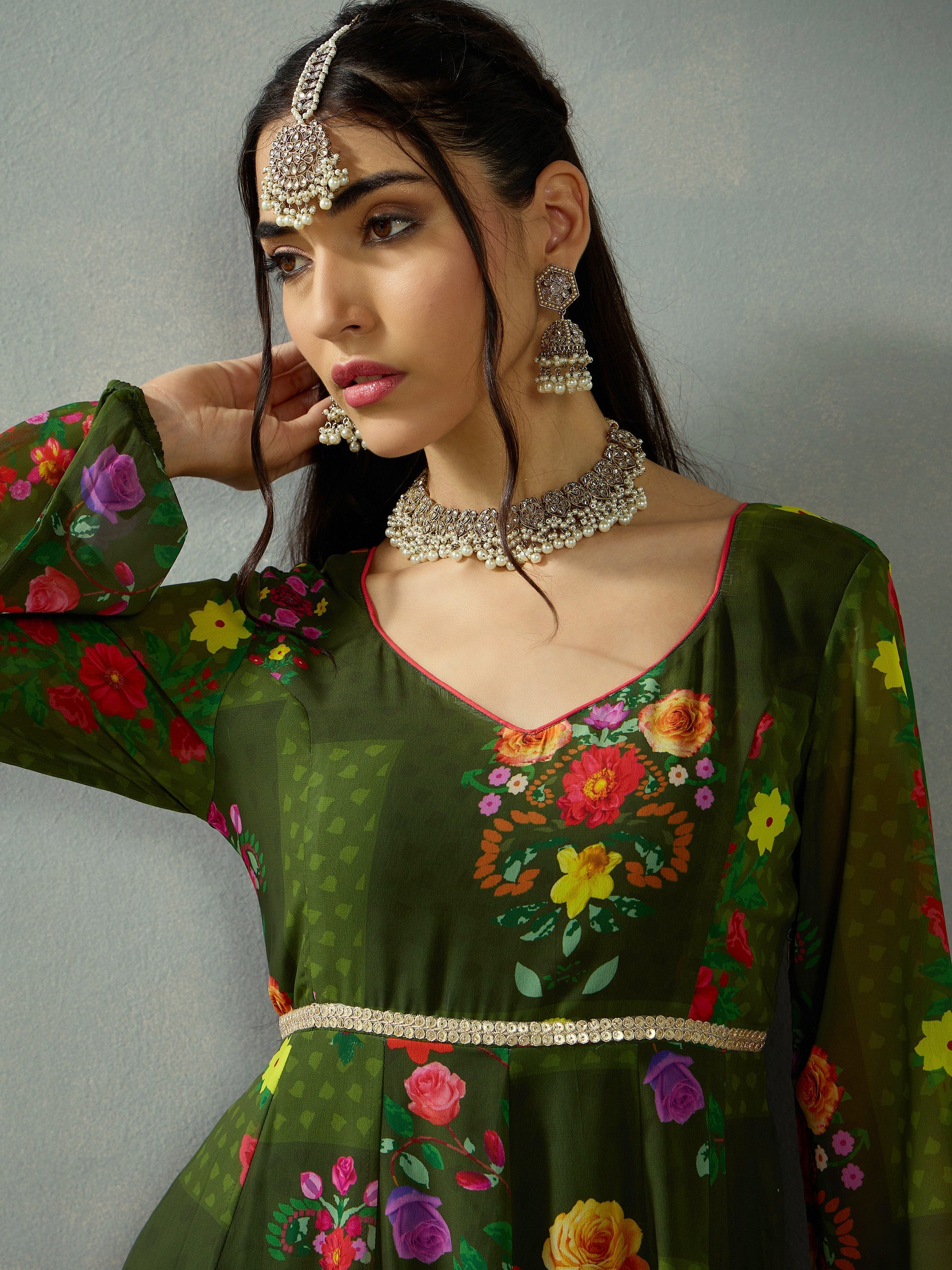 Women's Green Floral Kurta - Sassafras