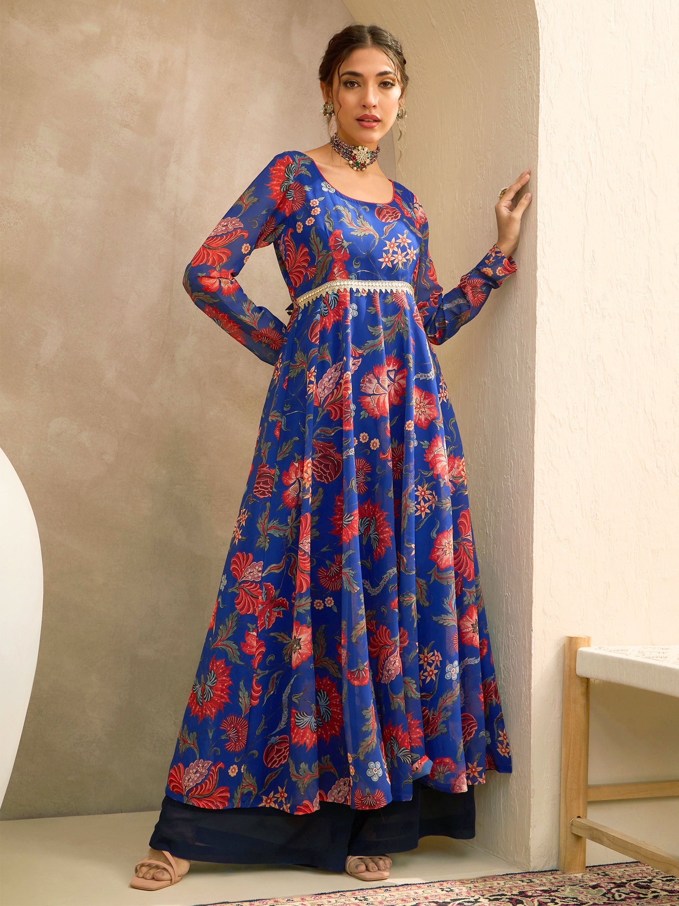 Women's Blue Floral Round Neck Anarkali Kurta-SHAE