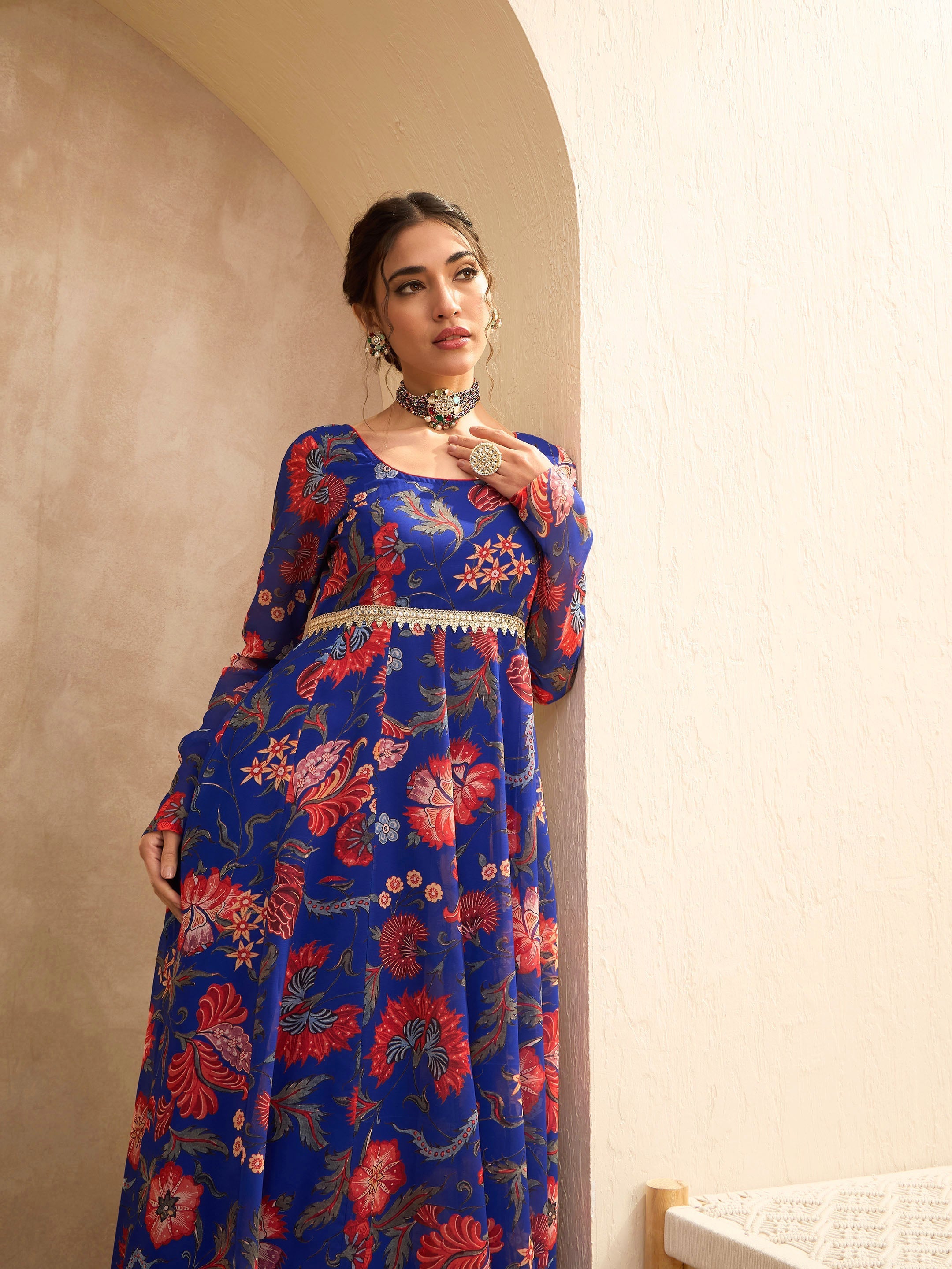 Women's Blue Floral Round Neck Anarkali Kurta-SHAE