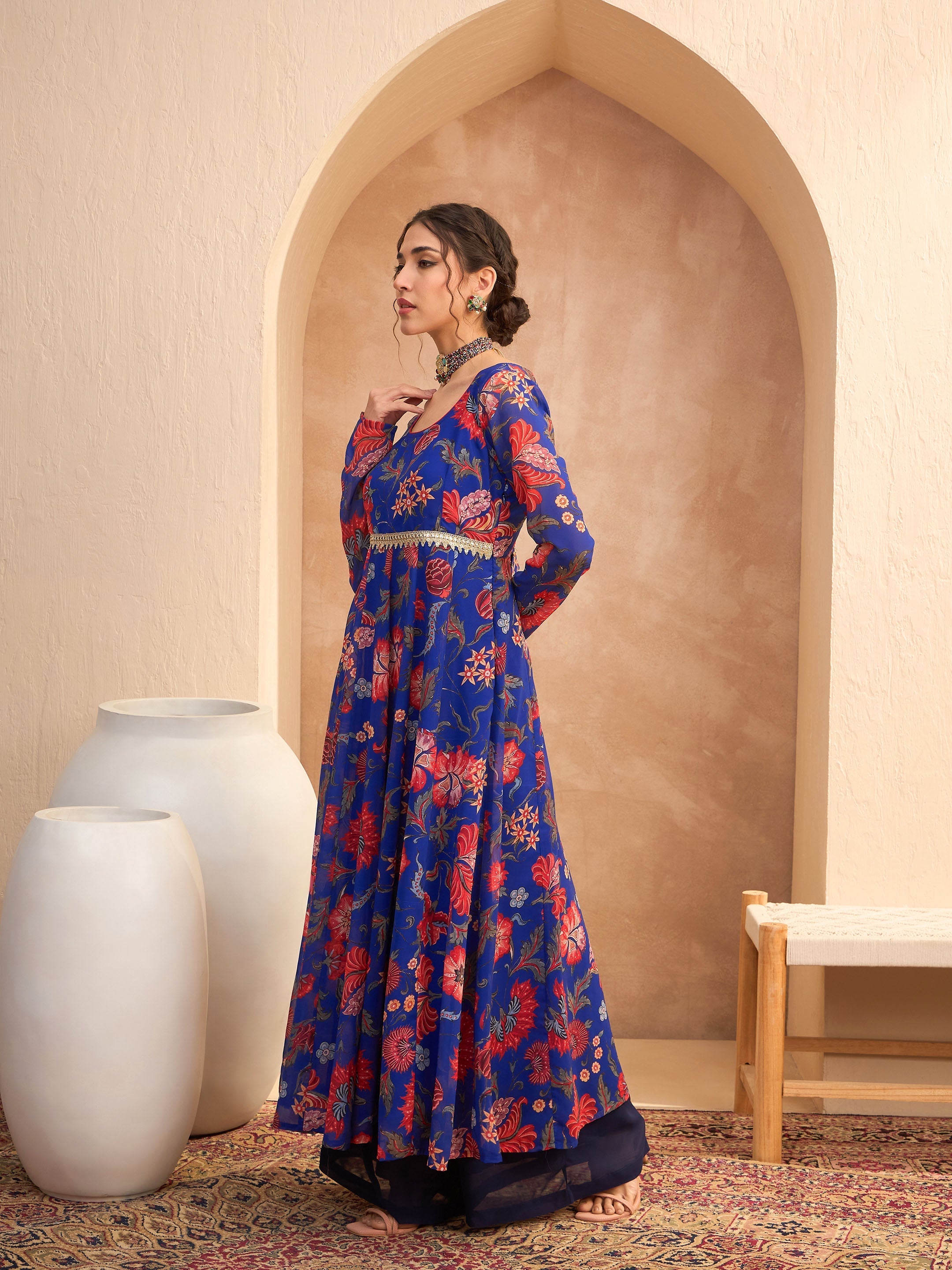 Women's Blue Floral Round Neck Anarkali Kurta-SHAE