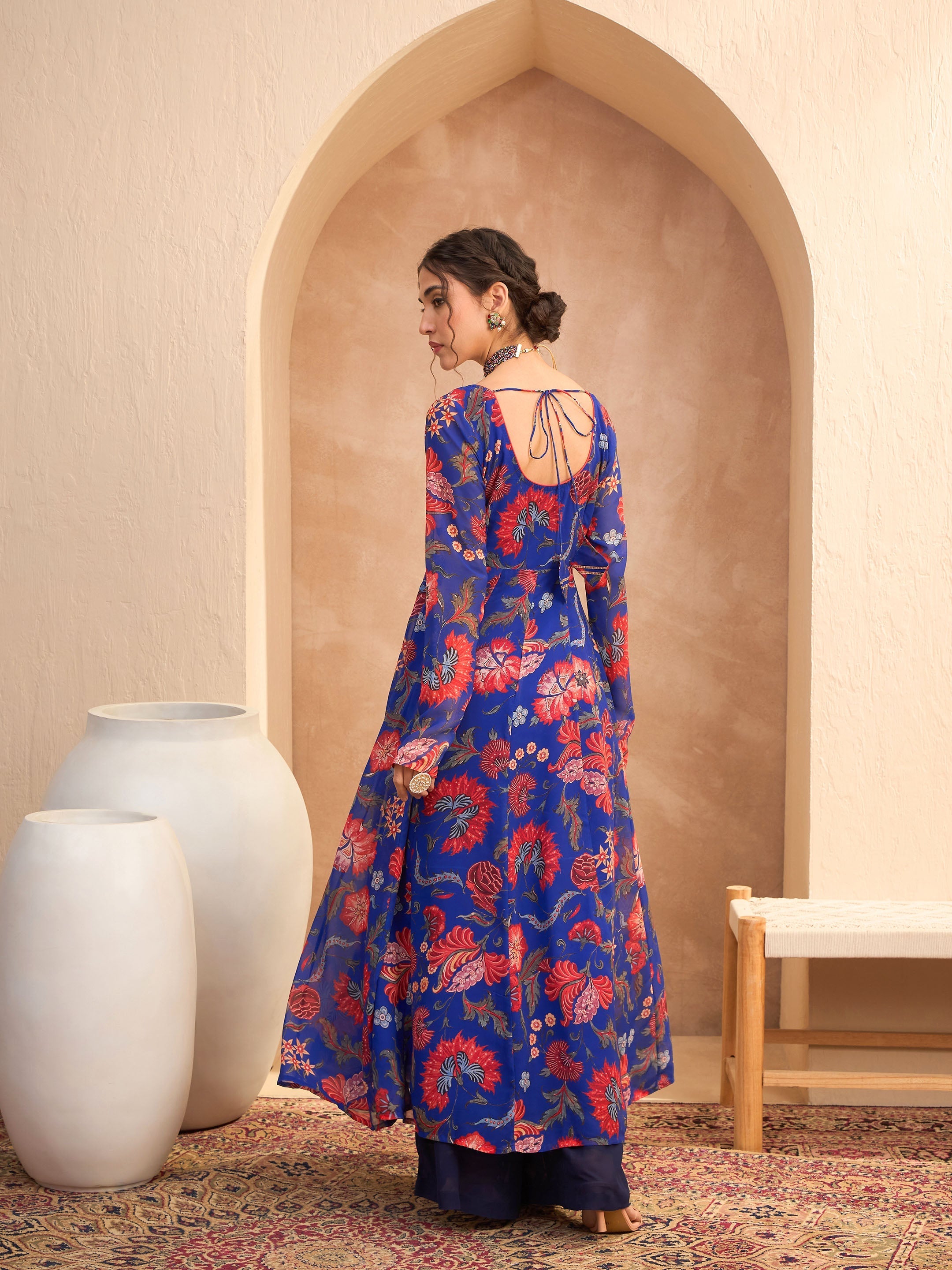 Women's Blue Floral Round Neck Anarkali Kurta-SHAE