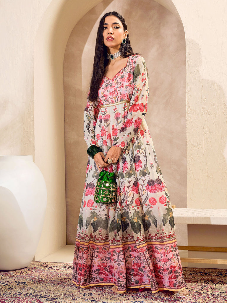Women's Off White Floral Sweetheart Neck Anarkali Kur