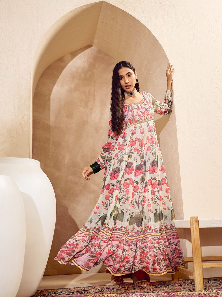 Women's Off White Floral Sweetheart Neck Anarkali Kur