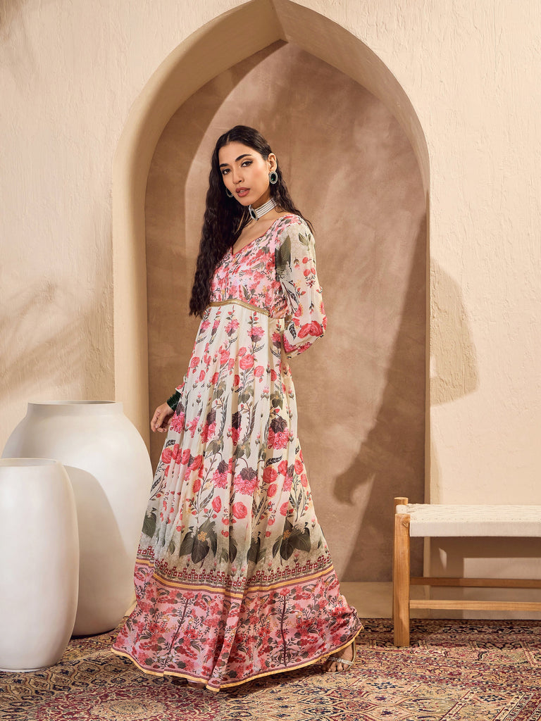 Women's Off White Floral Sweetheart Neck Anarkali Kur