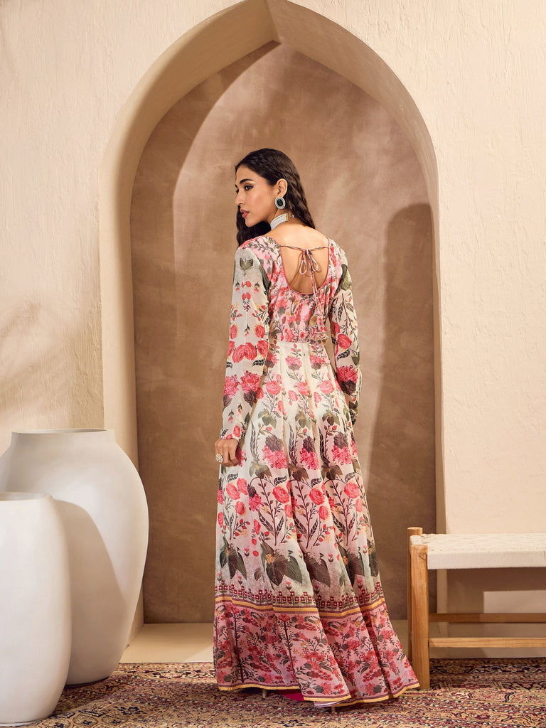 Women's Off White Floral Sweetheart Neck Anarkali Kur