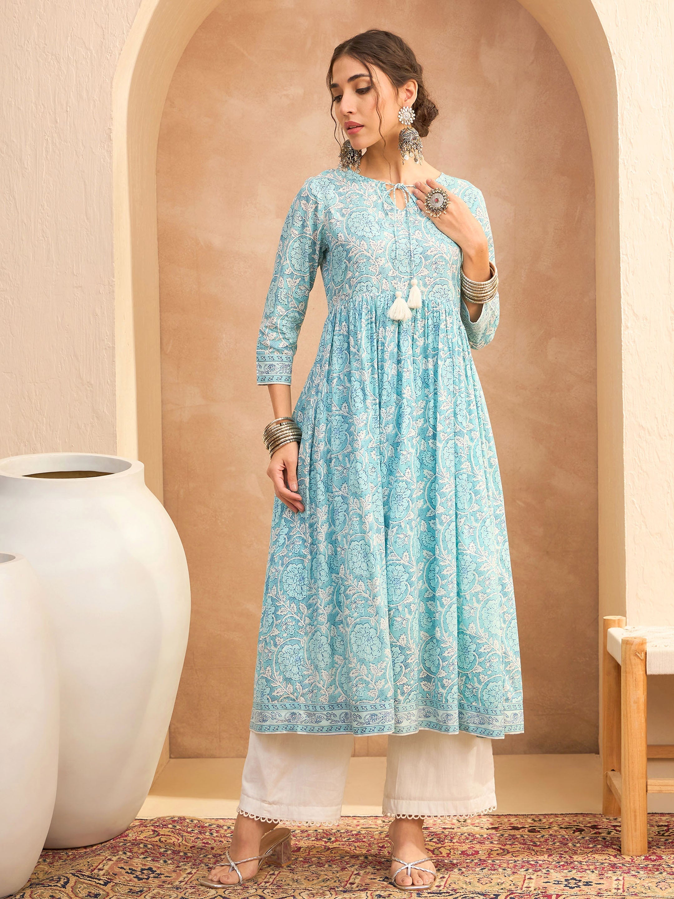 Women's Blue Floral Front Dori Gathered Kurta-SHAE