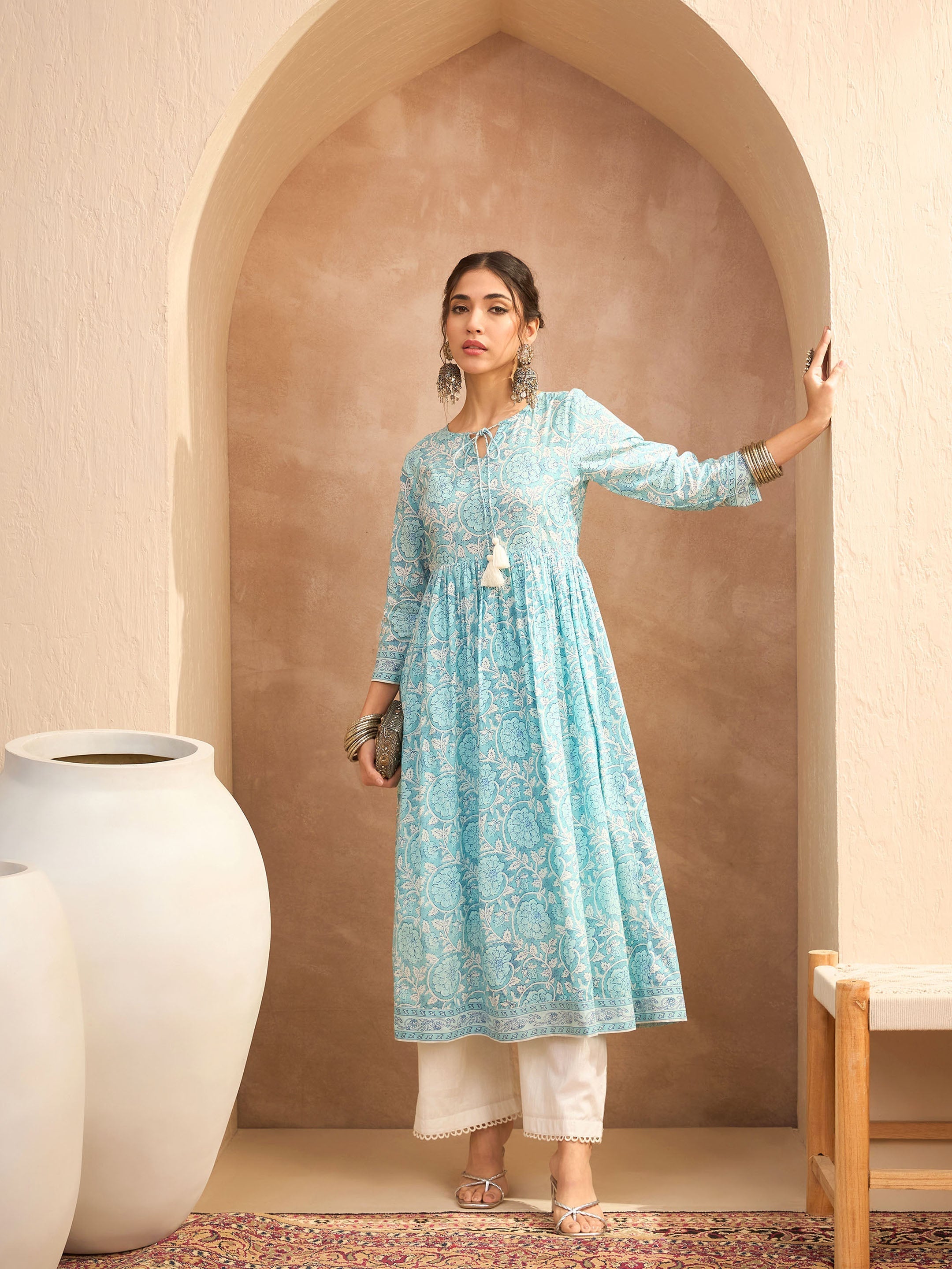 Women's Blue Floral Front Dori Gathered Kurta-SHAE