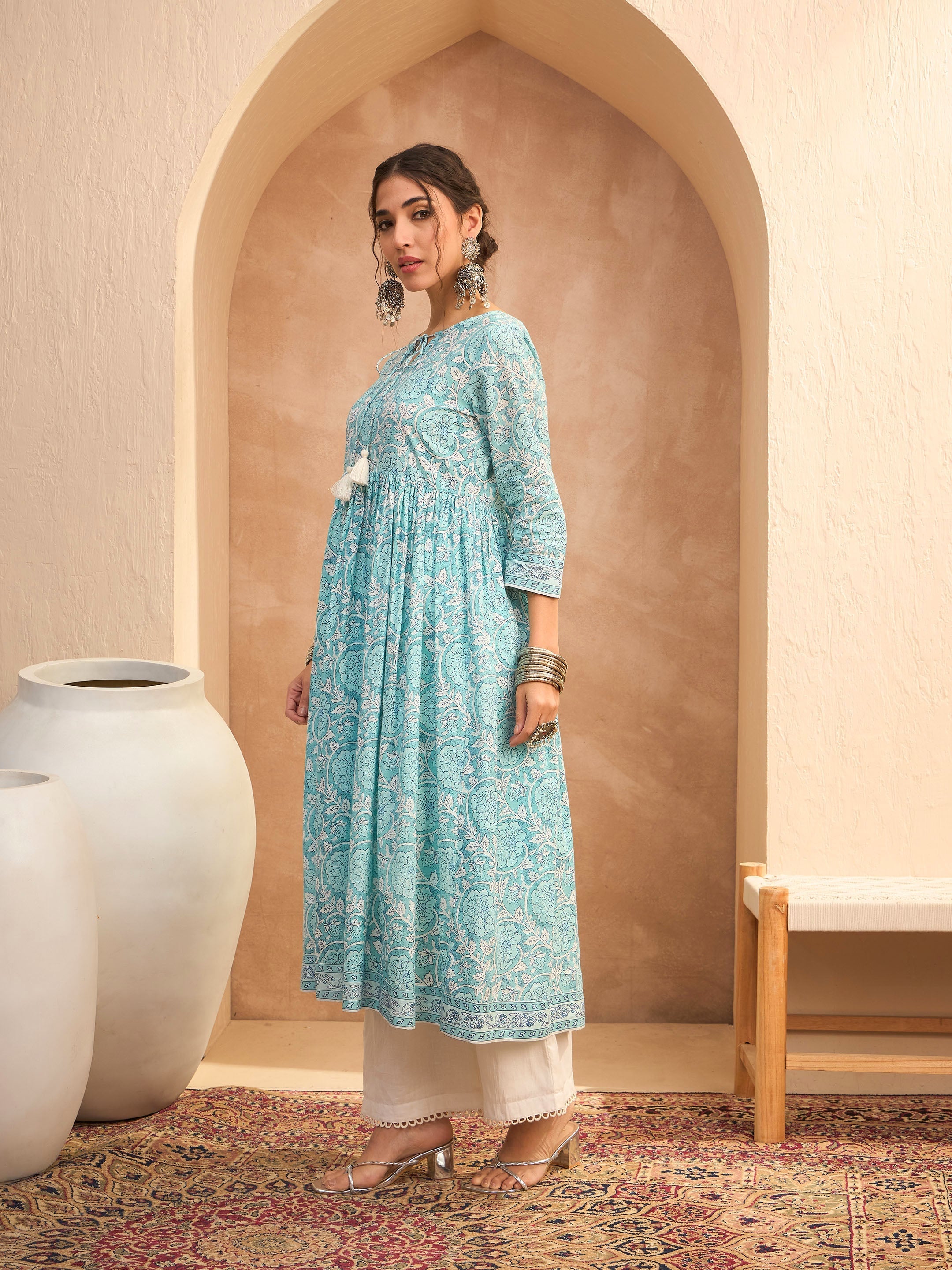 Women's Blue Floral Front Dori Gathered Kurta-SHAE