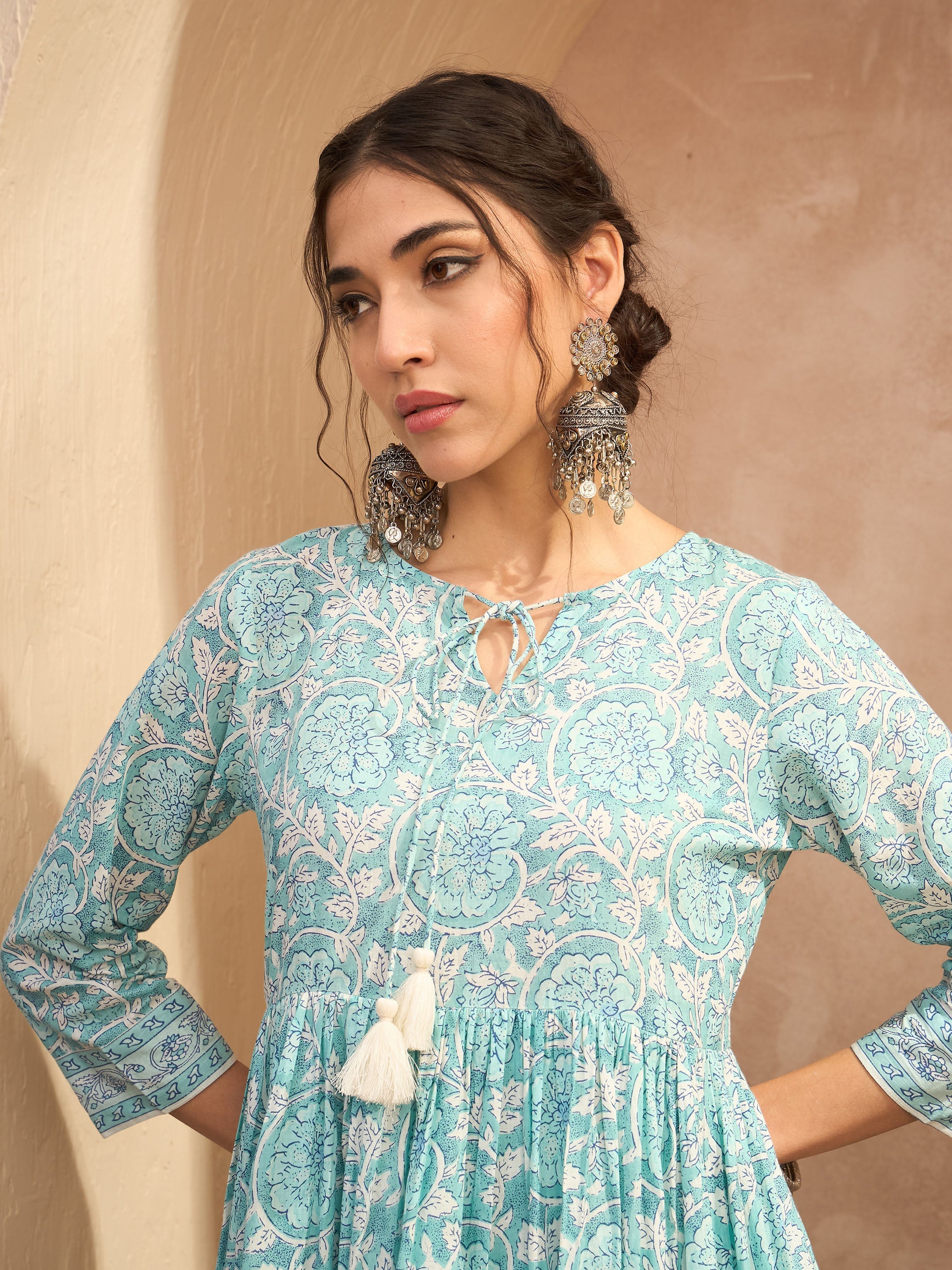 Women's Blue Floral Front Dori Gathered Kurta-SHAE