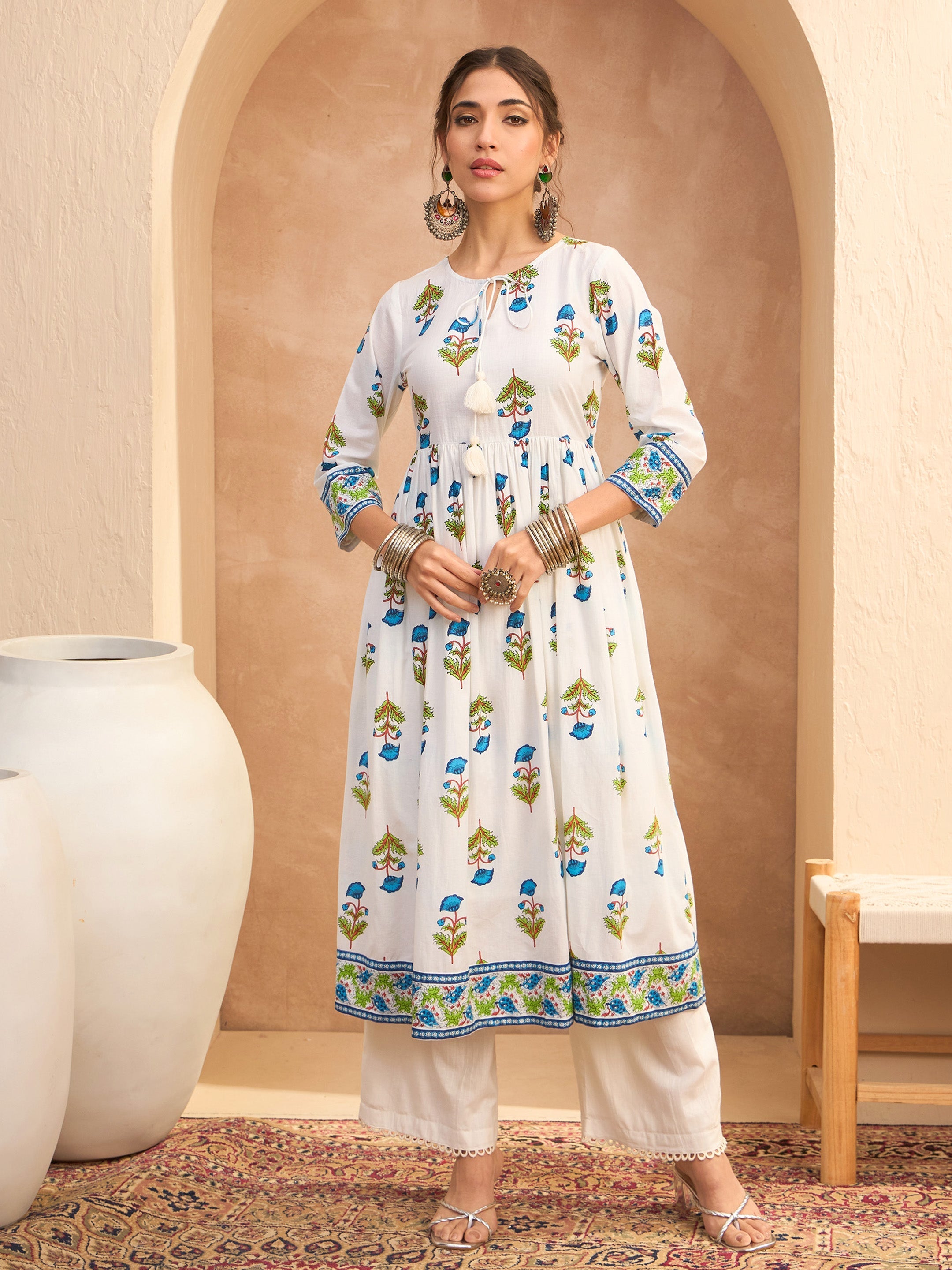 Women's White Floral Front Dori Gathered Kurta-SHAE