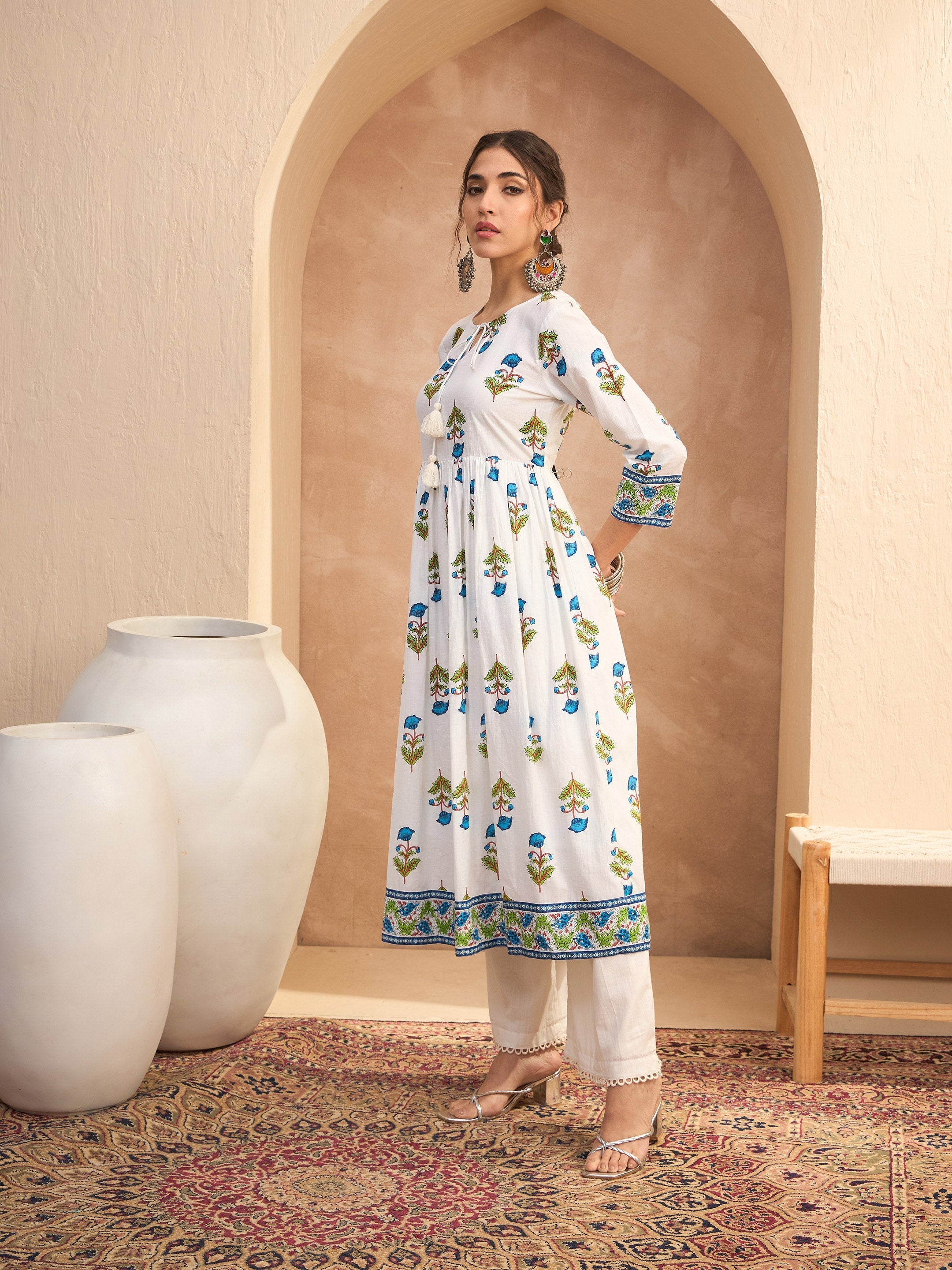 Women's White Floral Front Dori Gathered Kurta-SHAE