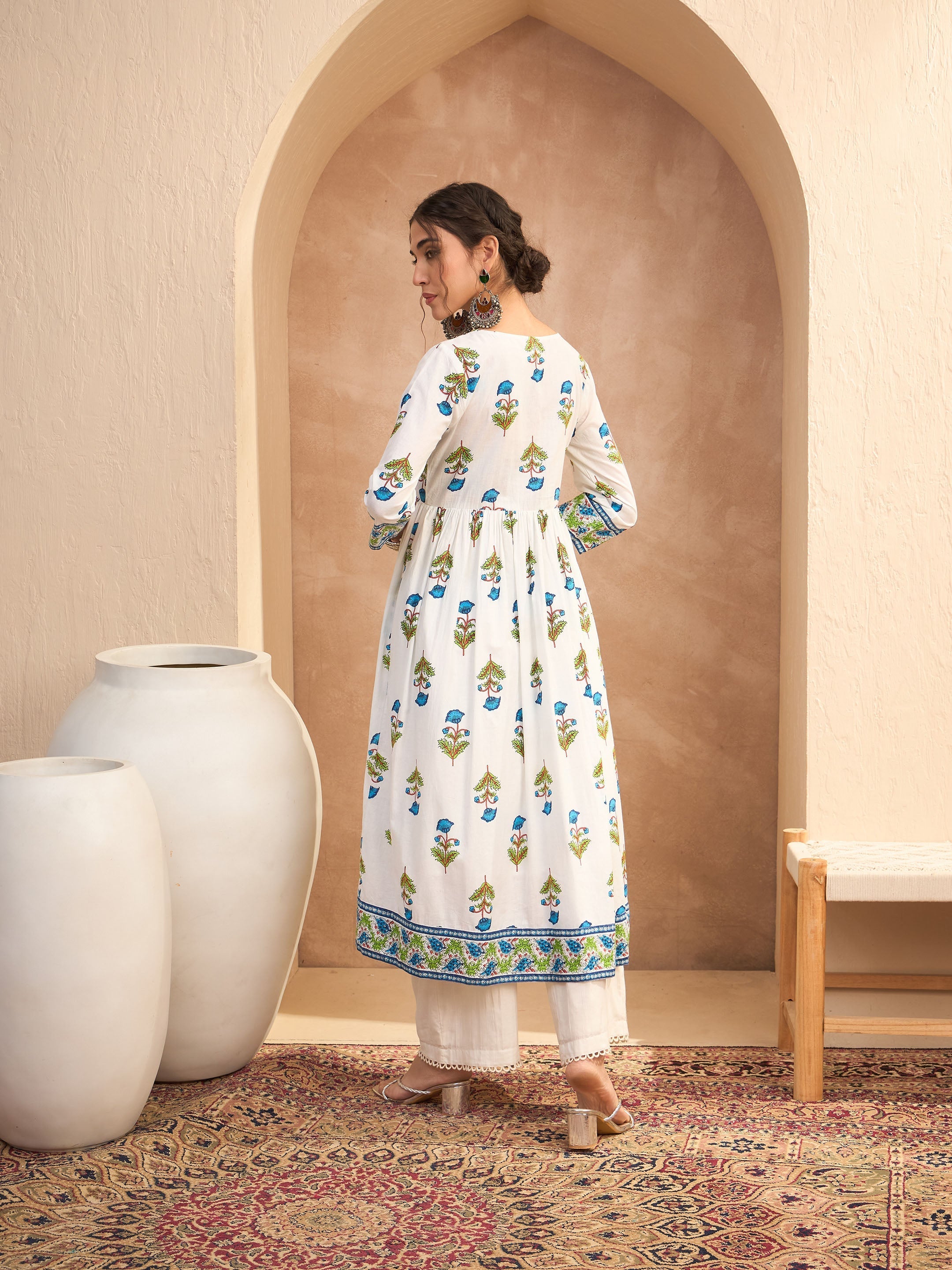 Women's White Floral Front Dori Gathered Kurta-SHAE