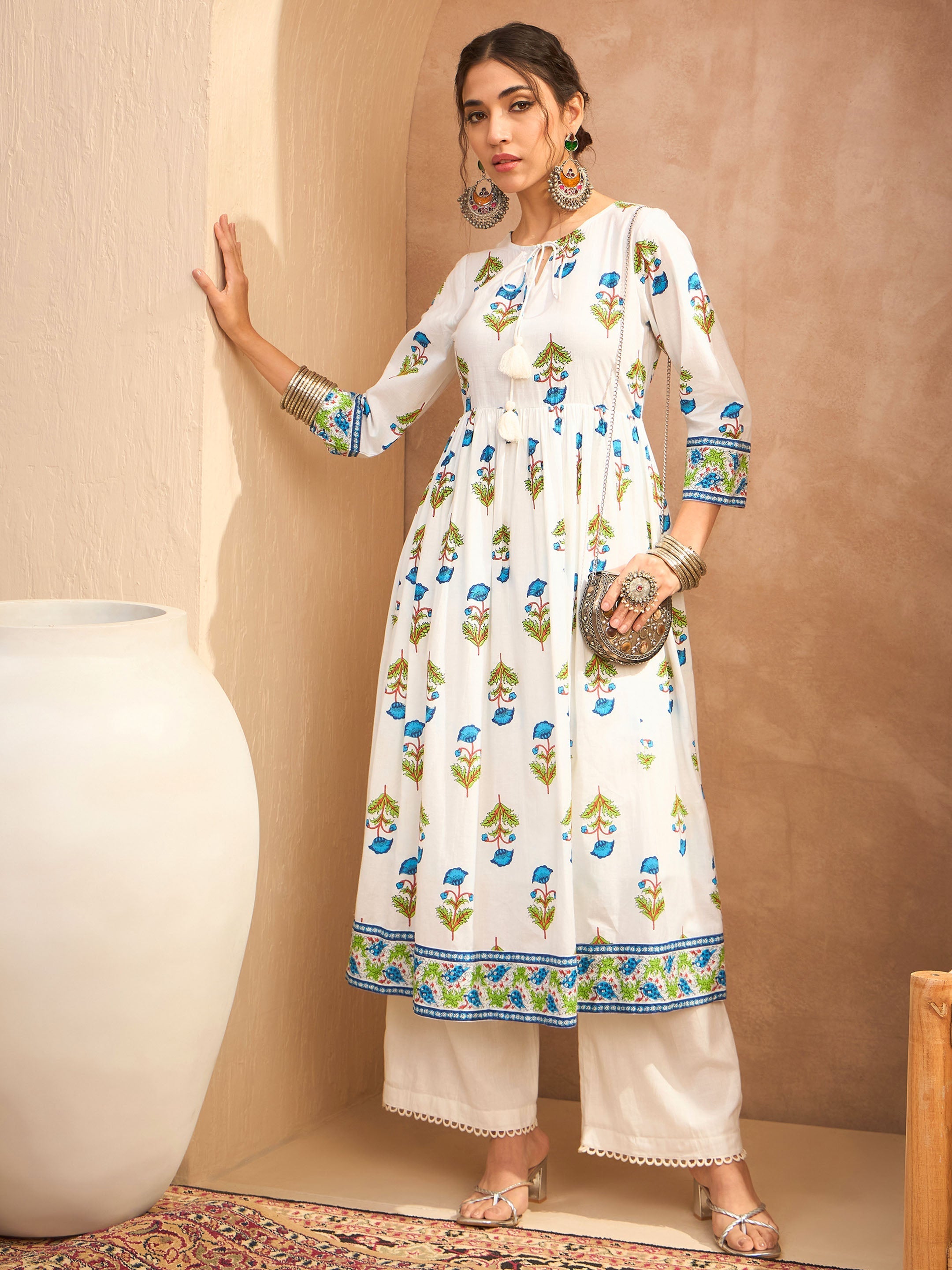 Women's White Floral Front Dori Gathered Kurta With Straight Pants-SHAE