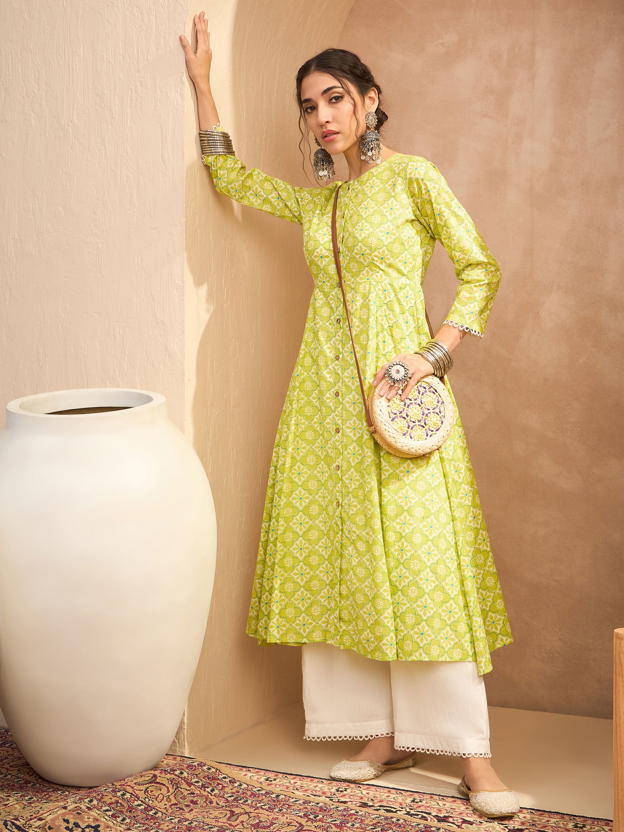 Women's Lime Green Floral Buttonned Pocket Kurta-SHAE