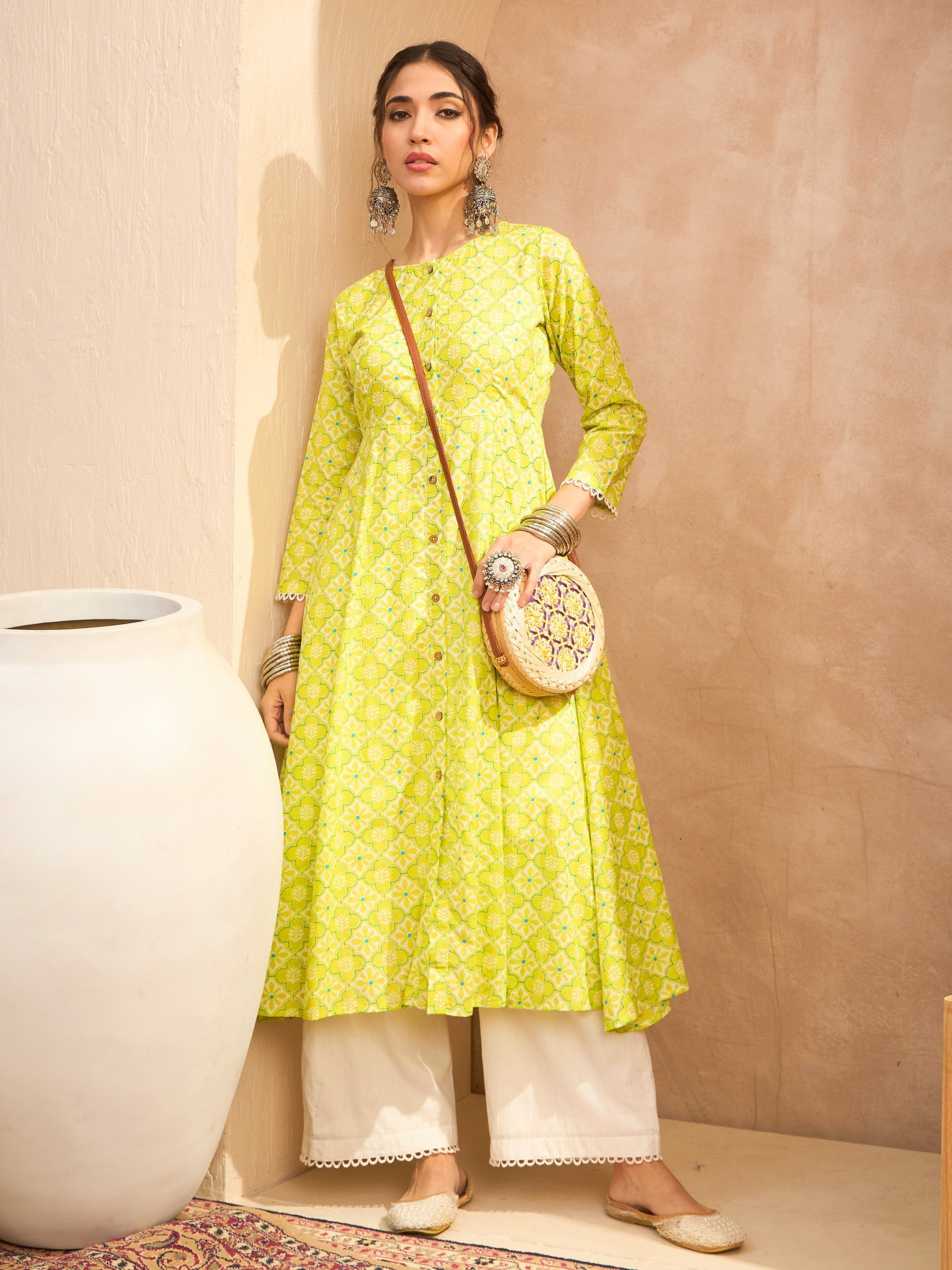 Women's Lime Green Floral Buttonned Pocket Kurta With Straight Pants-SHAE