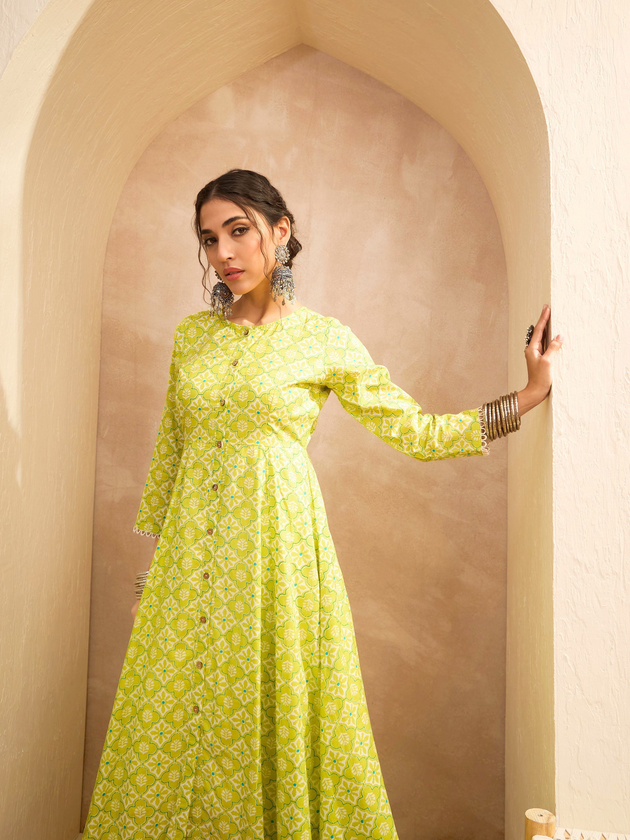 Women's Lime Green Floral Buttonned Pocket Kurta With Straight Pants-SHAE