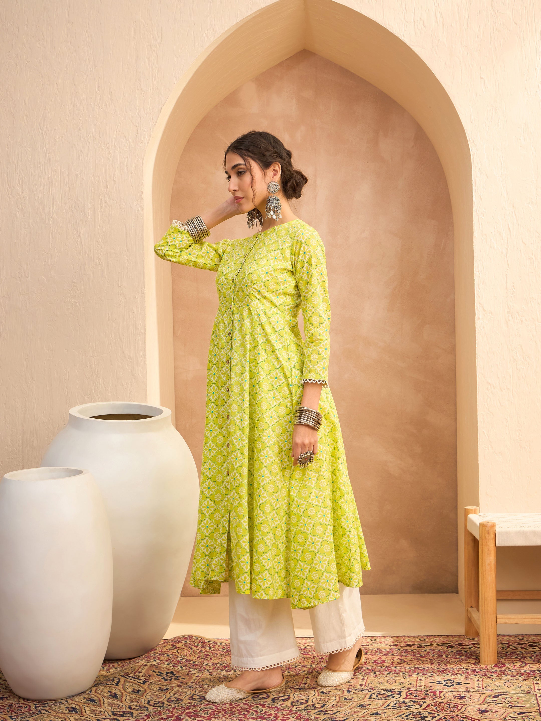 Women's Lime Green Floral Buttonned Pocket Kurta With Straight Pants-SHAE