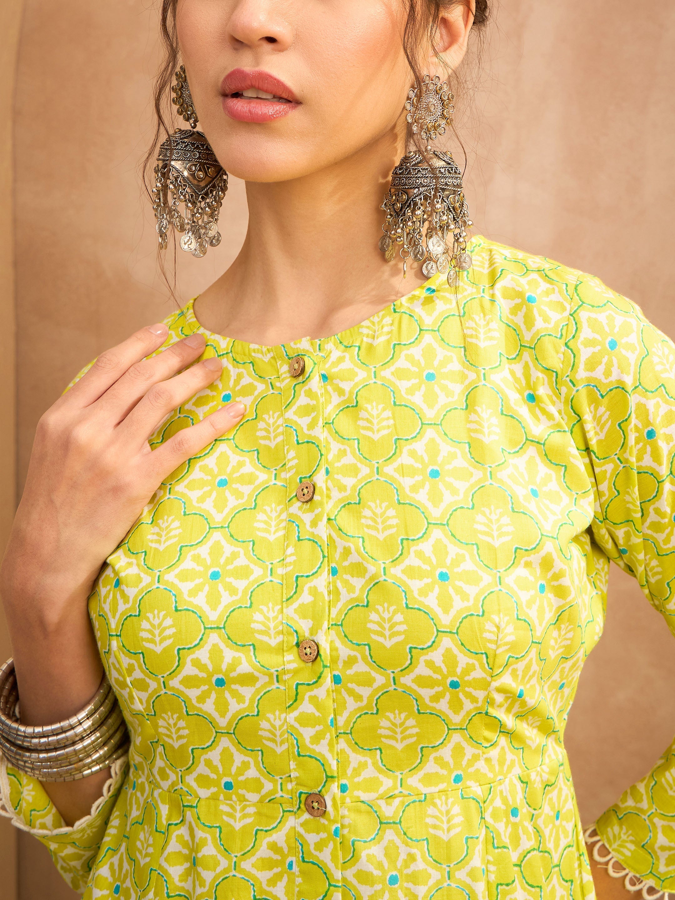 Women's Lime Green Floral Buttonned Pocket Kurta With Straight Pants-SHAE