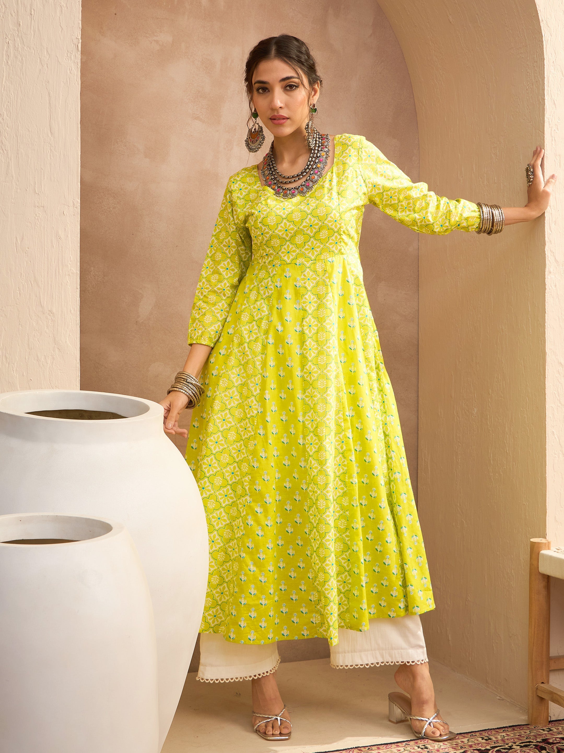 Women's Lime Green Floral Sweetheart Neck Anarkali Kurta-SHAE