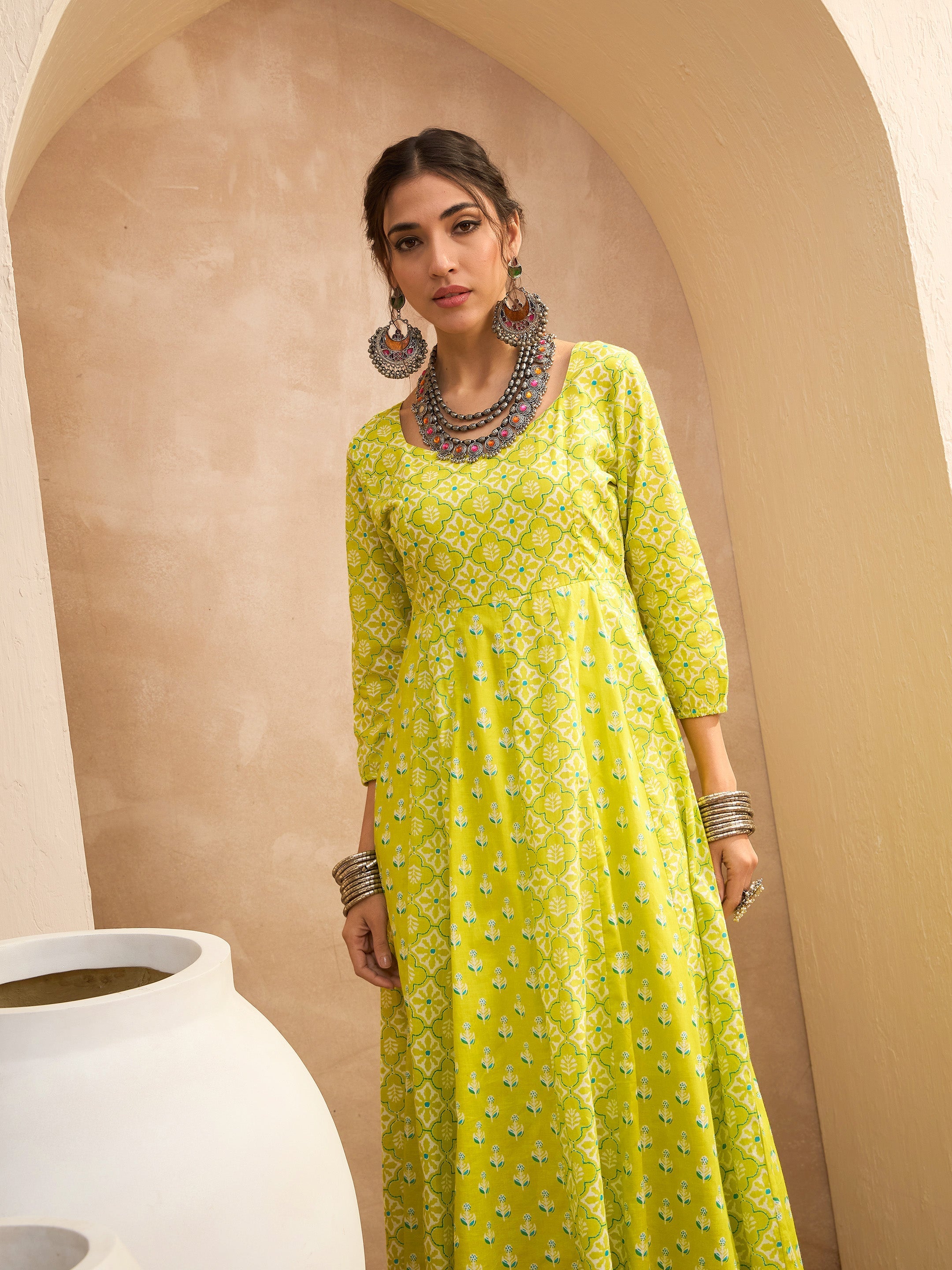 Women's Lime Green Floral Sweetheart Neck Anarkali Kurta-SHAE