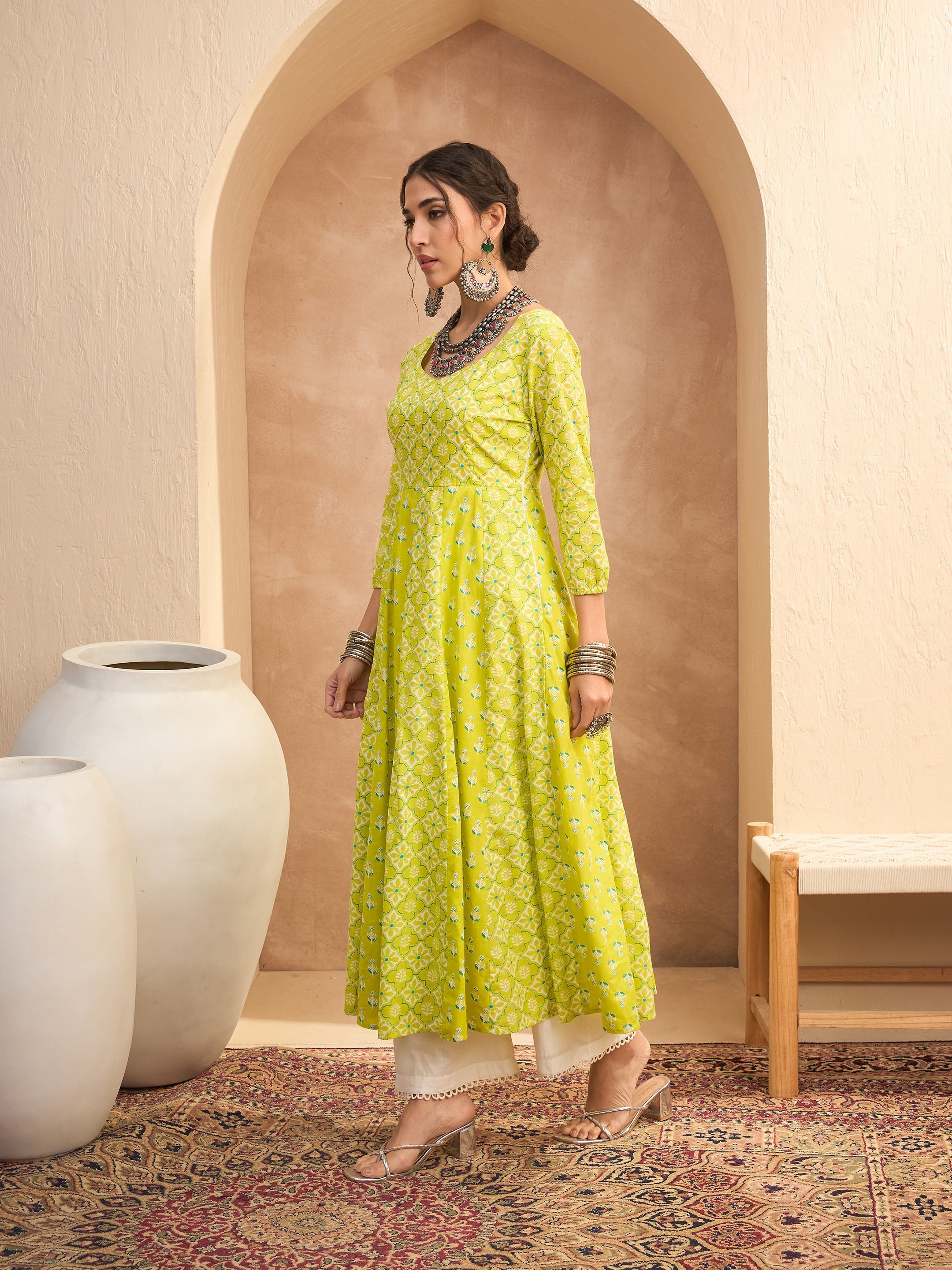 Women's Lime Green Floral Sweetheart Neck Anarkali Kurta-SHAE