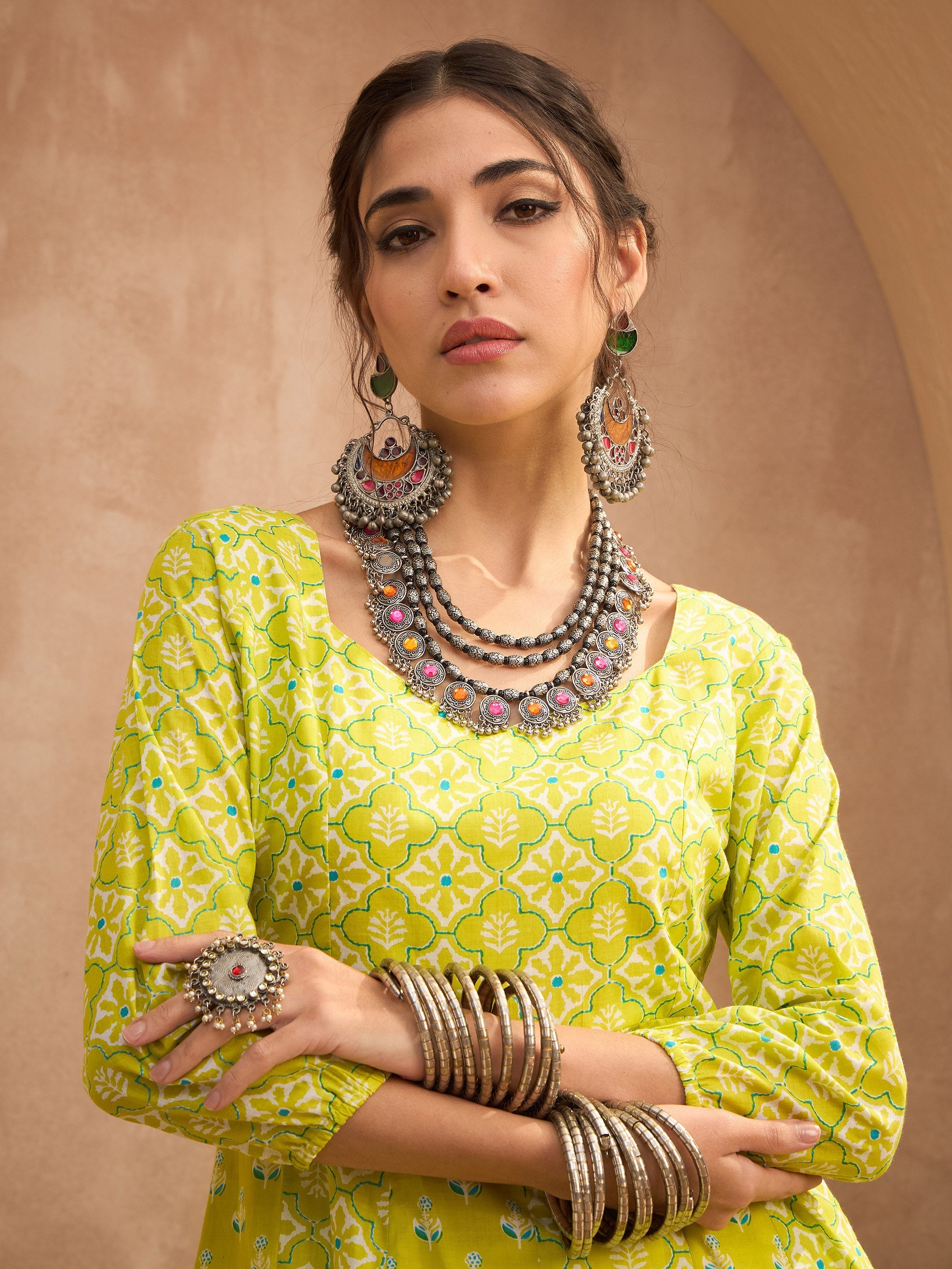 Women's Lime Green Floral Sweetheart Neck Anarkali Kurta-SHAE