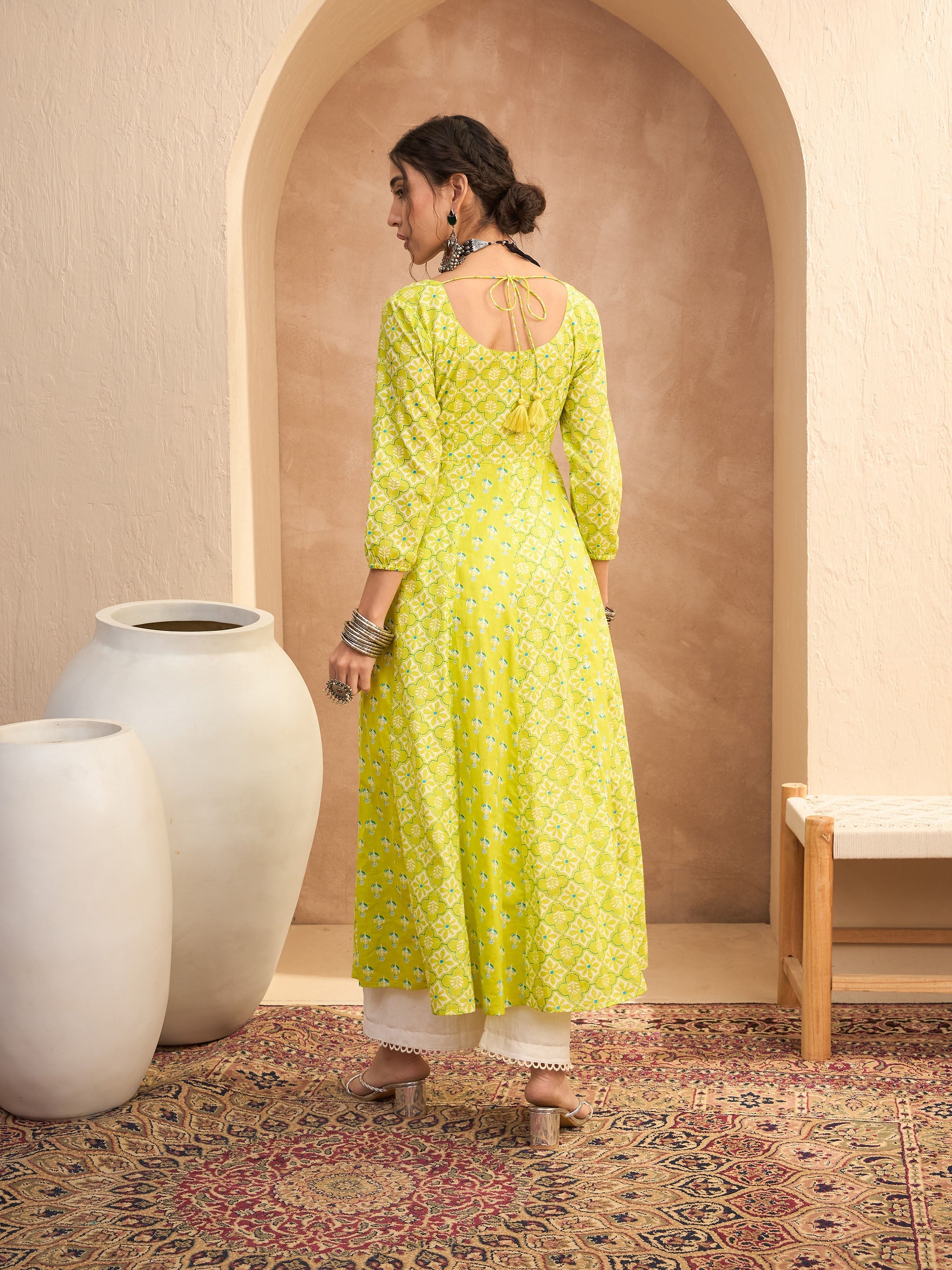 Women's Lime Green Floral Sweetheart Neck Anarkali Kurta-SHAE