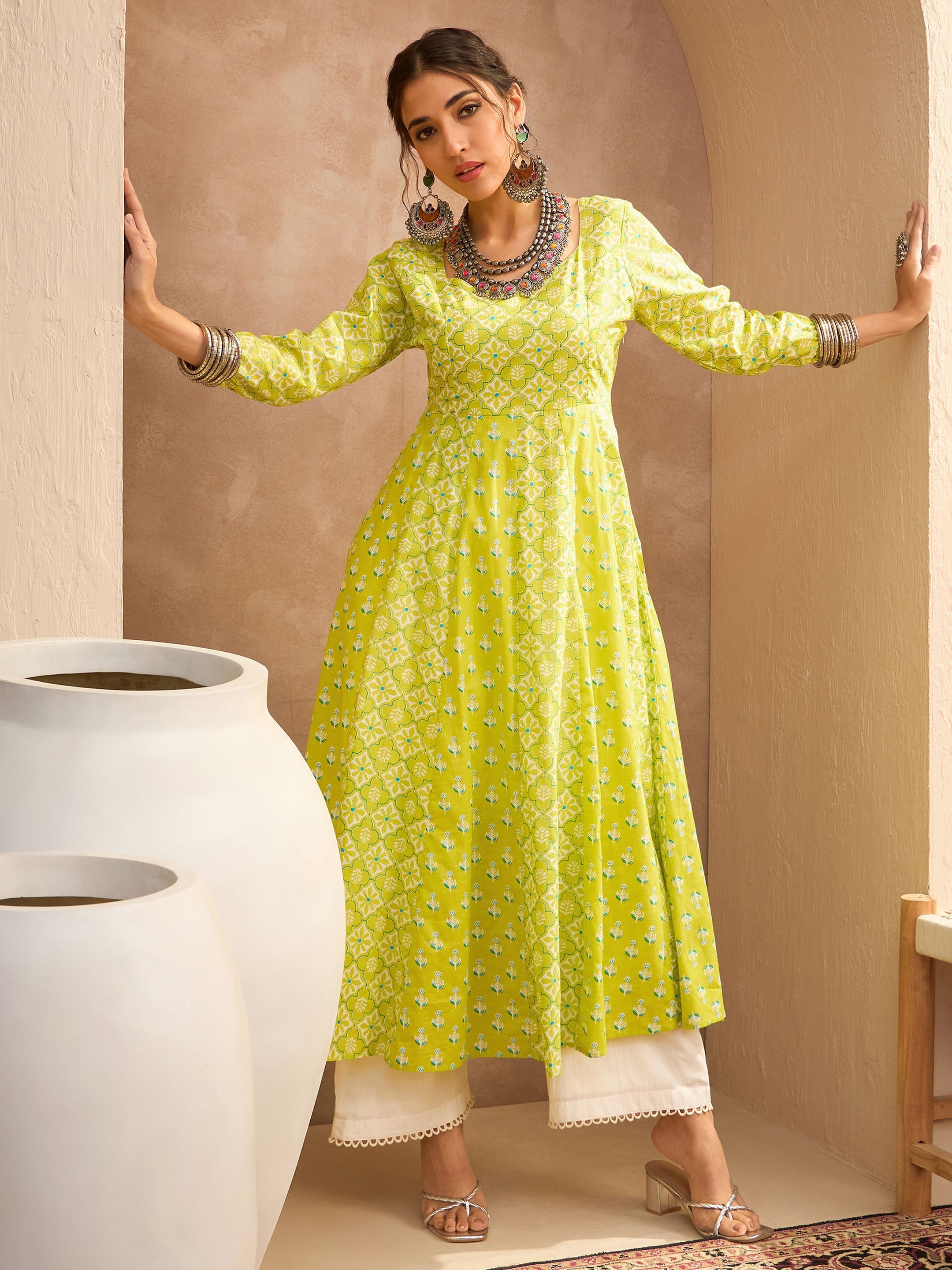 Women's Lime Green Floral Anarkali Kurta With Straight Pants-SHAE